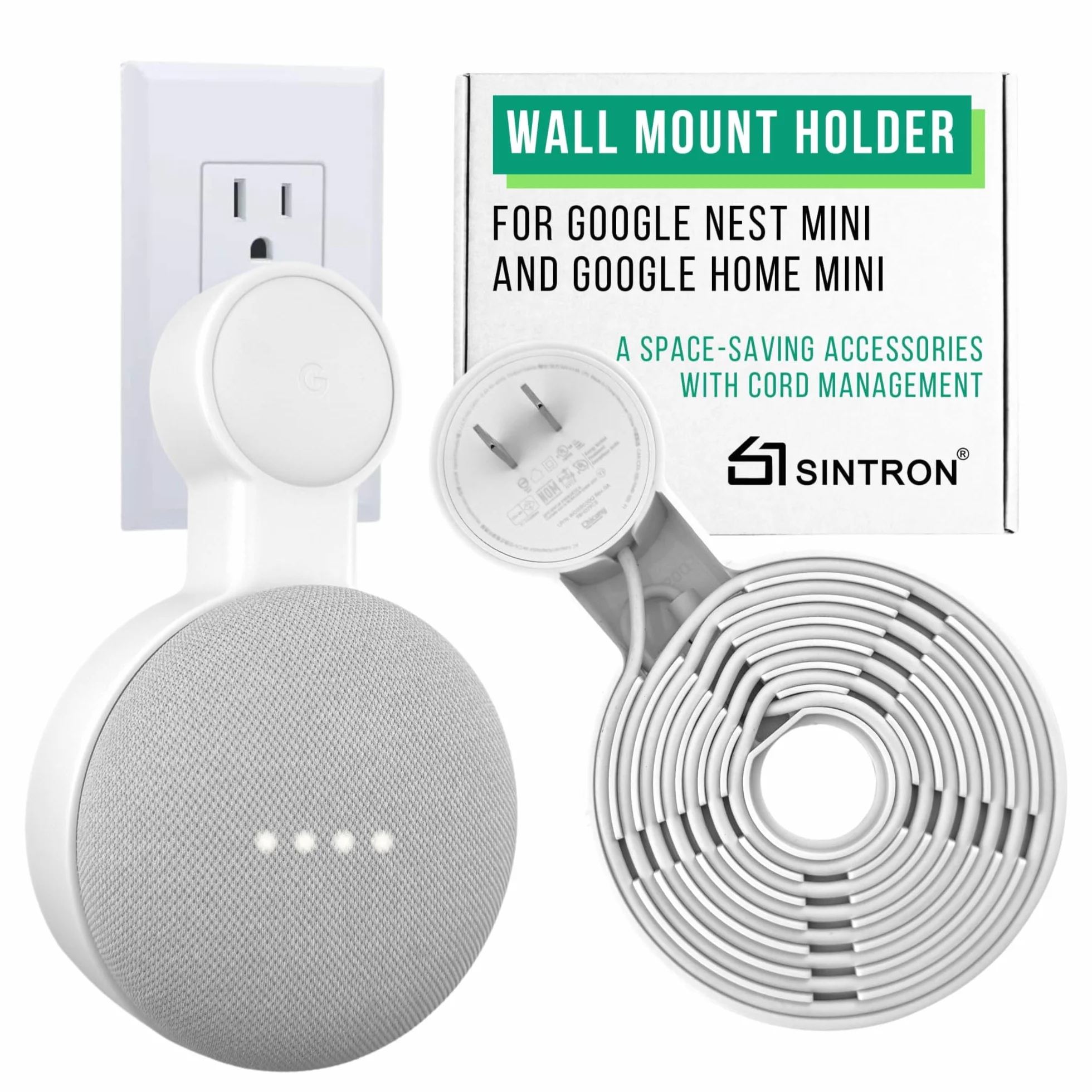 Sintron Uchwyt ścienny do gniazdka elektrycznego Google Nest Mini & Google Home Mini, oszczędność miejsca akcesorium z zarządzaniem kablami dla Google Smart Speakers 1. generacji i 2. generacji. Brak