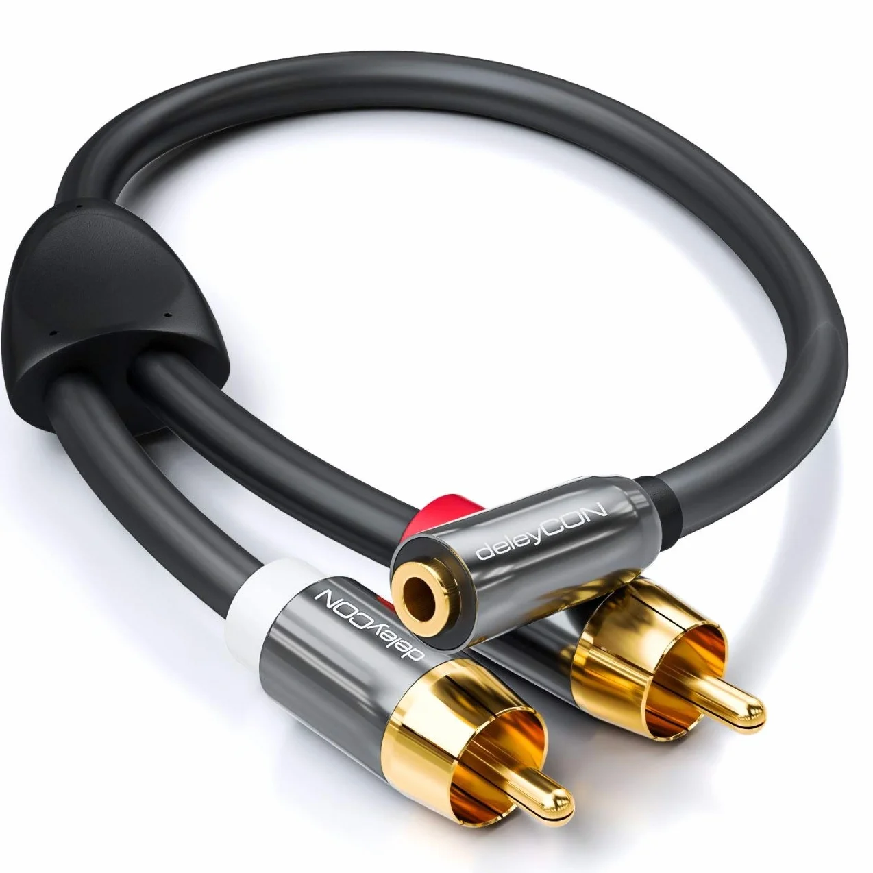 deleyCON 20cm Krótki Kabel Audio Stereo - Gniazdo Jack 3,5mm do 2x Wtyk RCA Cinch - Metalowy - Adapter do Laptopa Tabletu Smartfona TV DVD Sound Box - Czarny