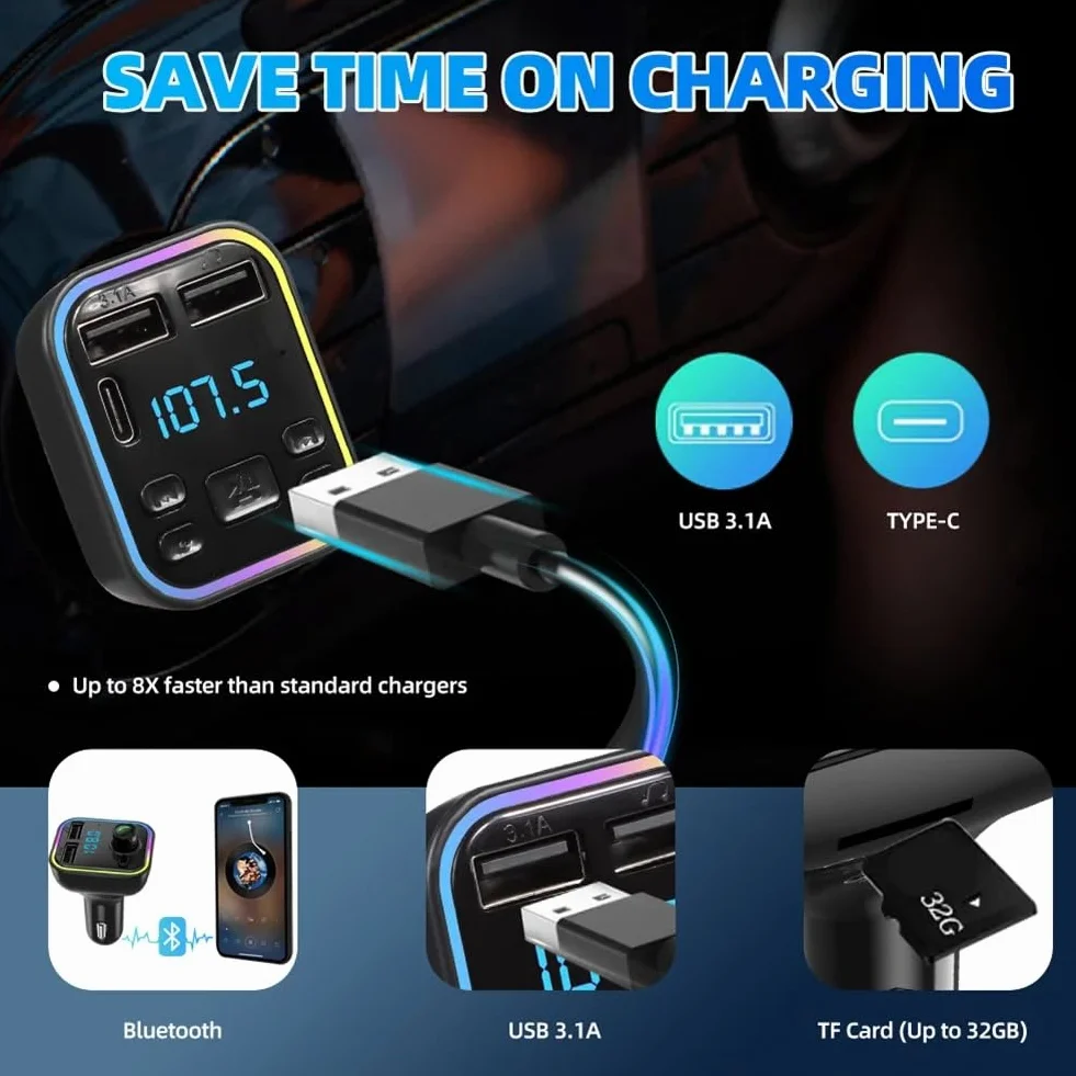 Bluetooth 5.0 nadajnik FM, ładowarka samochodowa, podwójne złącze USB, adapter samochodowy, odtwarzacz MP3, odbiornik audio, wyświetlacz LED, włącznik światła