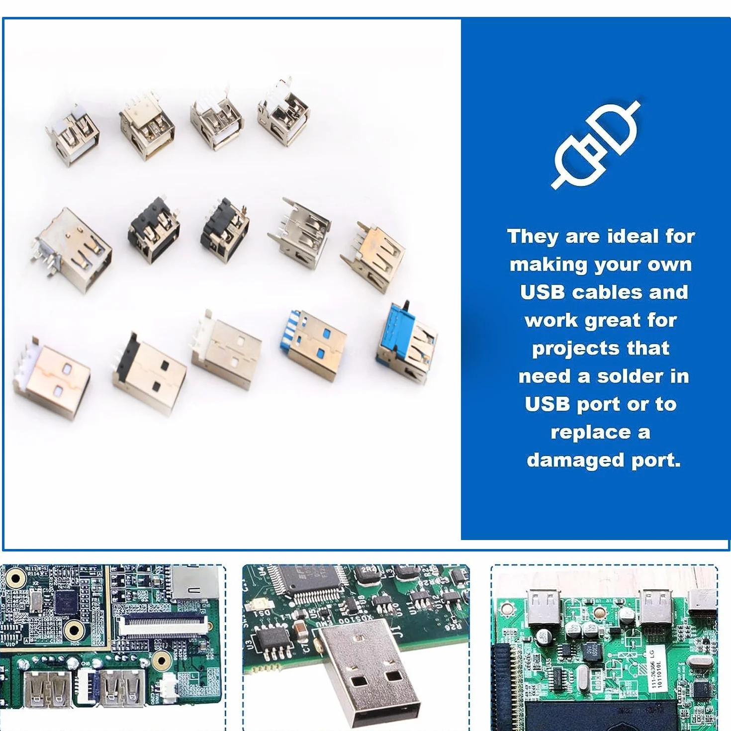 RUNCCI-YUN 95szt. 14 wartości USB 2.0 3.0 Typ A Micro USB złącze do lutowania, złącze Micro USB 2.0 3.0 Typ A złącze lutowe męsko-żeńskie, adapter USB do wbudowanego gniazda płytki drukowanej DIY