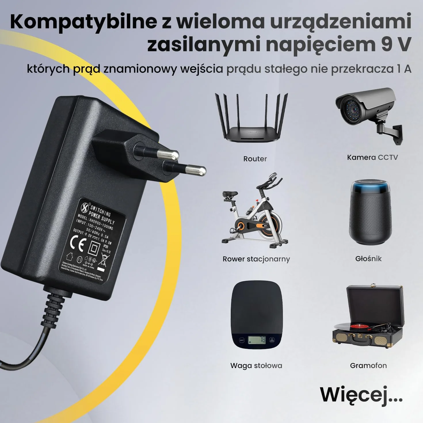 Zasilacz 9 V 1 A 9 W 1,8 m, adapter przełącznika AC DC (wejście 100-240 V, wyjście 9 V 1A), Gniazdo transformatora do montażu na ścianie DC 5,5 x 2,1 mm, znak CE