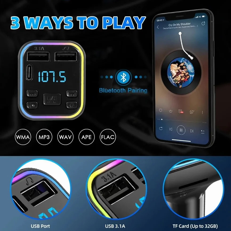 Bluetooth 5.0 nadajnik FM, ładowarka samochodowa, podwójne złącze USB, adapter samochodowy, odtwarzacz MP3, odbiornik audio, wyświetlacz LED, włącznik światła