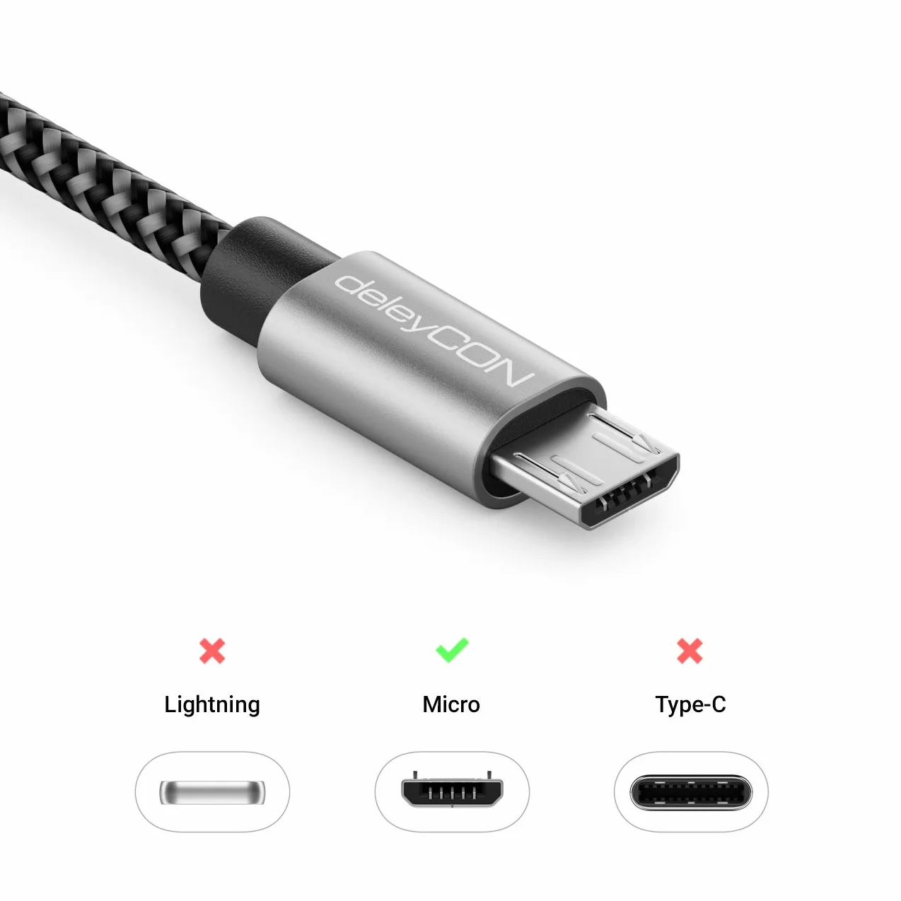 deleyCON 3,0m Nylonowy Kabel Micro USB - Kabel ładujący/danych, Metalowe Wtyki - ładowanie i Synchronizacja - Telefon, Smartfon, Tablet