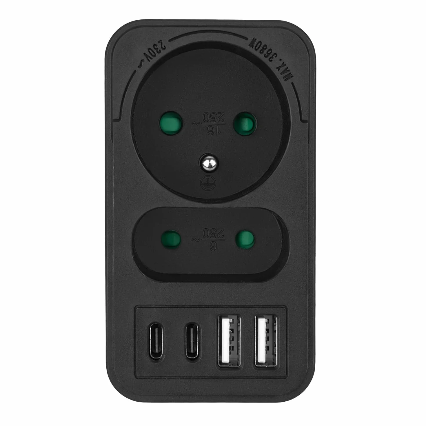 Rozdzielacz Maclean MCE249 2 gniazda sieciowe 2x USB A | szybkie ładowanie 2x USB C PD 20 W | maks. 3680 W | kompaktowe centrum zasilania (1, Czarny)