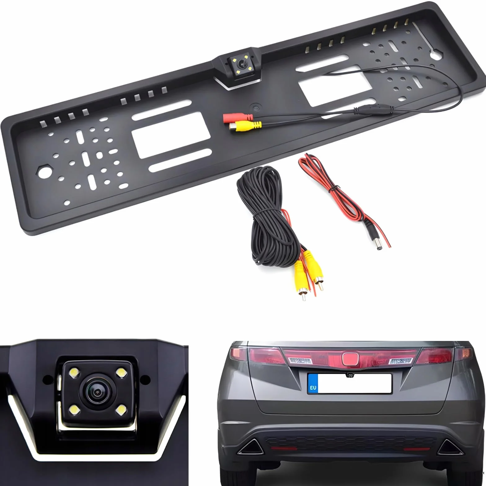 Retoo Ramka tablicy rejestracyjnej z kamerą cofania 170°IP68, 656 x 492 px pyłoszczelna i wodoodporna, 12V kabel zasilający 6 m, kamera w uchwycie tablicy rejestracyjnej, europejska ramka, czarna