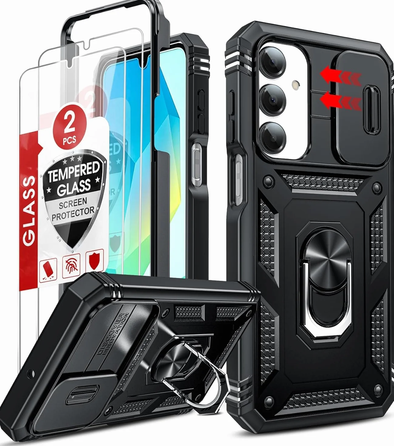 LeYi Etui do Samsung A16 5G ze szkła hartowanego [2 opakowanie], etui do Samsung Galaxy A 16 z ochroną aparatu [Slidable] Odporny na wstrząsy wojskowy pierścień 360° uchwyt TPU etui zderzak, czarny