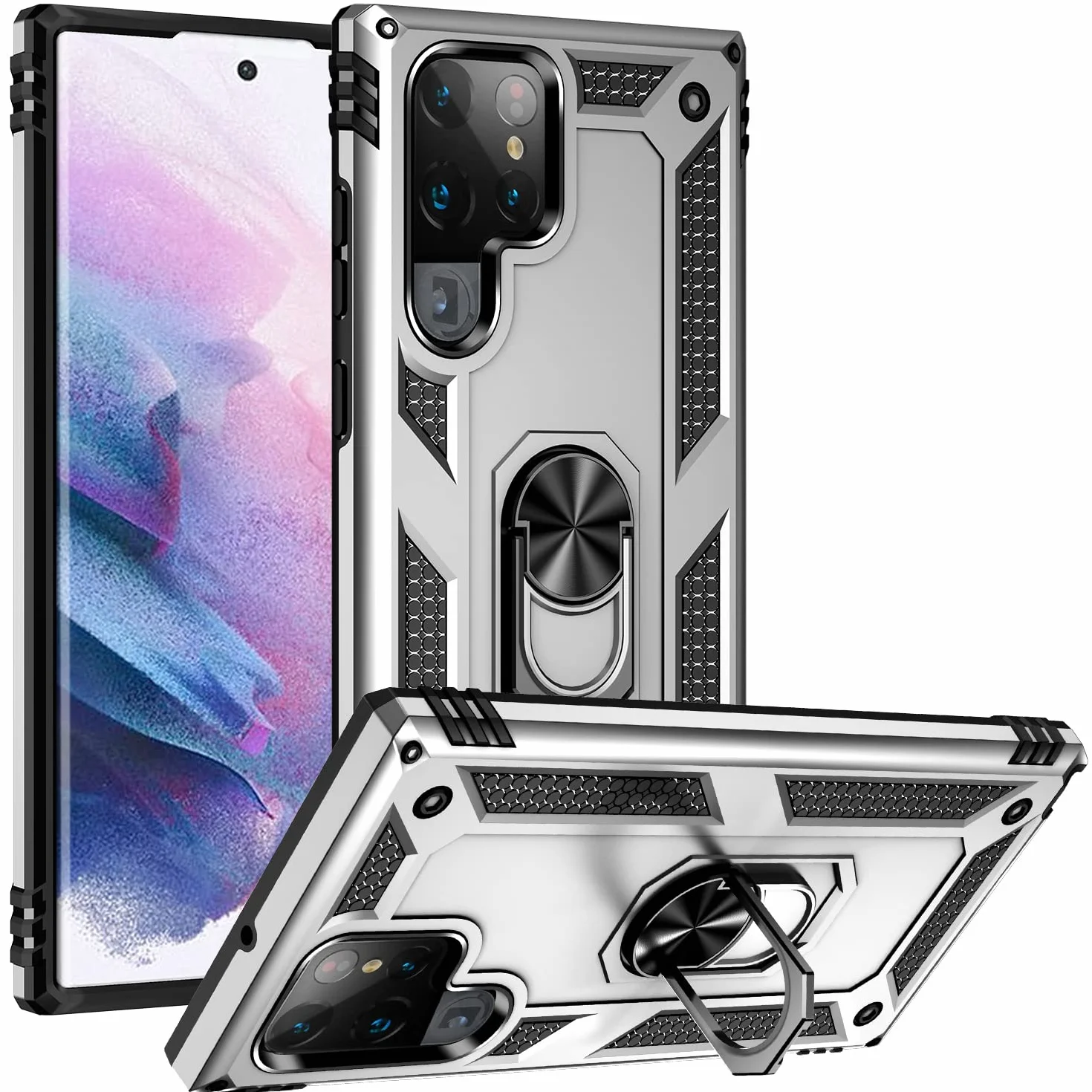 Etui kompatybilne z Samsung Galaxy S22 Ultra, osłona ekranu, dwuwarstwowa, wytrzymała osłona ochronna, odporna na wstrząsy obudowa na telefon, z podpórką, srebrne