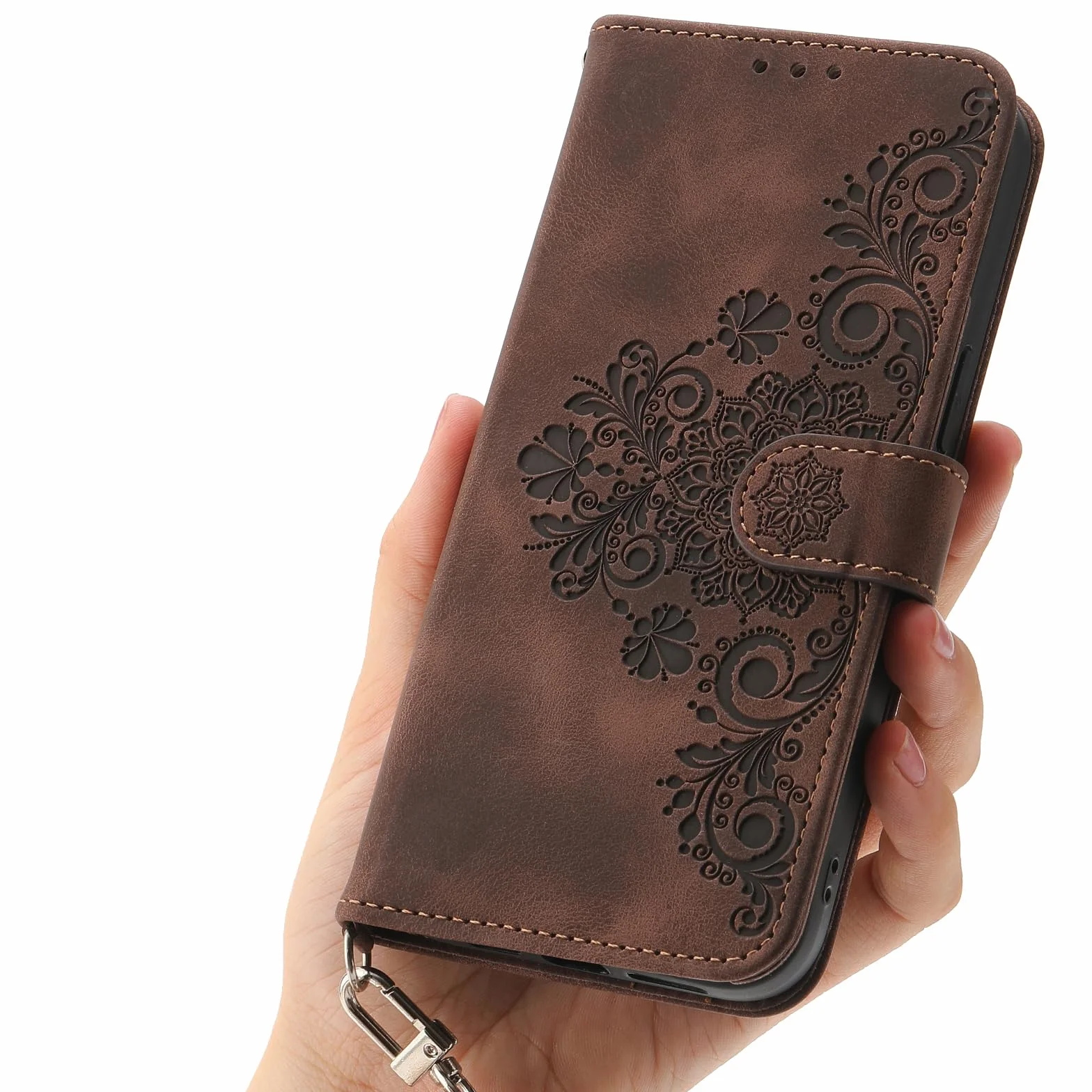 Etui na telefon Auslbin Flower dla Xiaomi Poco X6 Pro 5G/ Redmi K70e 6.67", 5 miejsc na karty Etui ochronne ze skóry PU w stylu vintage dla Poco X6 Pro 5G/ K70e, brązowy