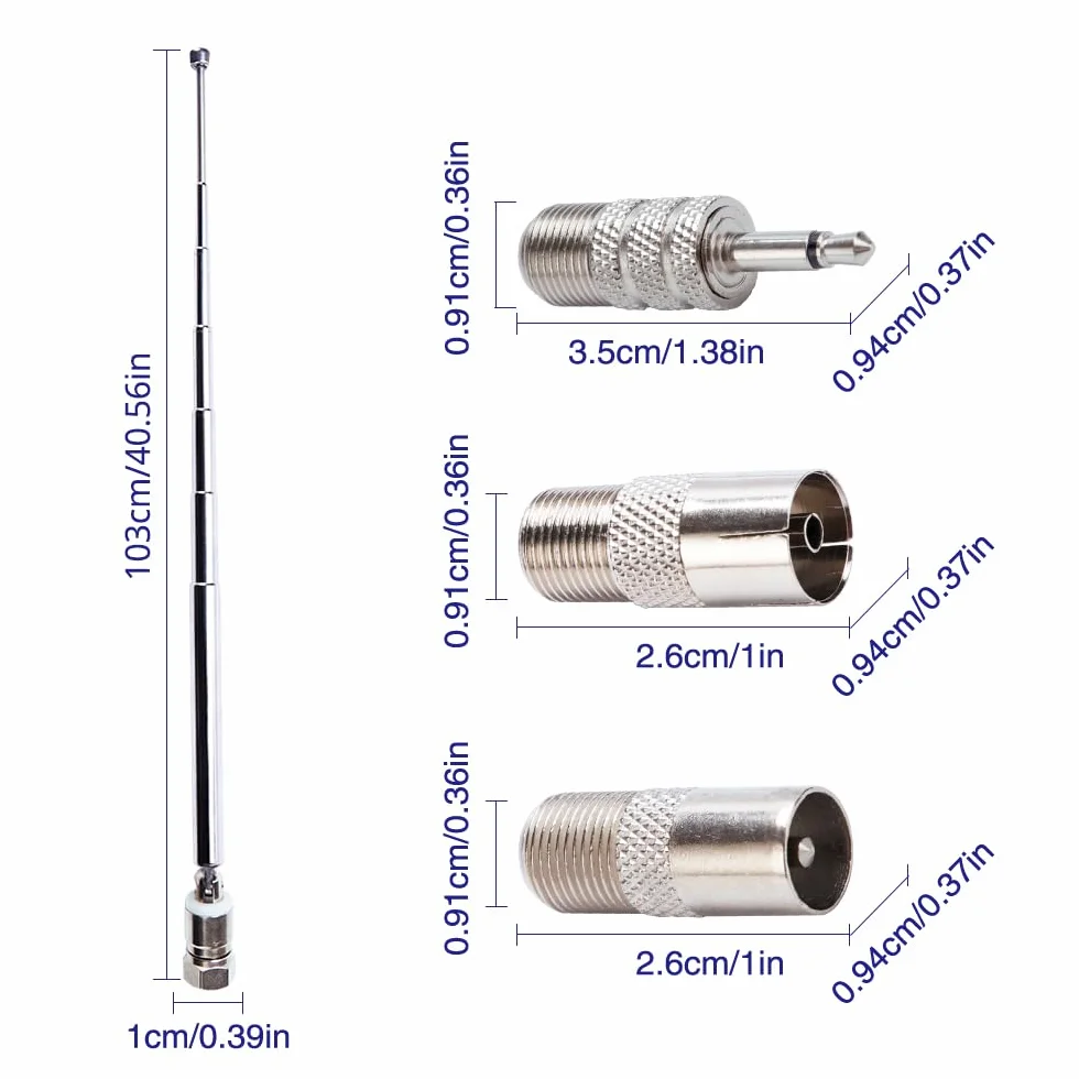 VooGenzek 7-Sekcji Teleskopowa Antena Radiowa DAB, Antena Antenowa FM z Przewodem 75 Ohm, Złącze Męskie Typu F z 3 Adapterami, do Radia Stołowego, Odbiornik Stereo HiFi AV Mini System