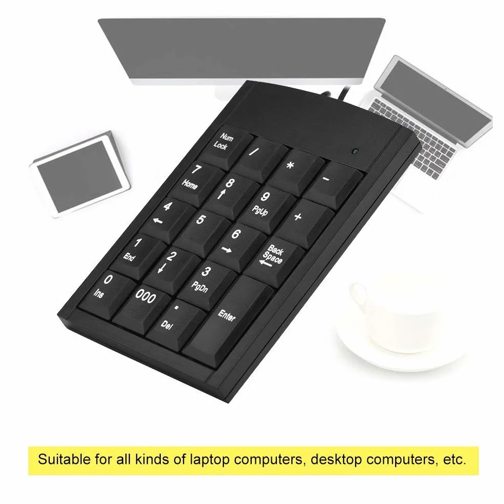 Klawiatura numeryczna, Richer-R Przenośny Slim Mini USB 19 klawiszy Klawiatura numeryczna, Ergonomiczna klawiatura numeryczna Klawiatura do laptopa Komputer stacjonarny Czarny