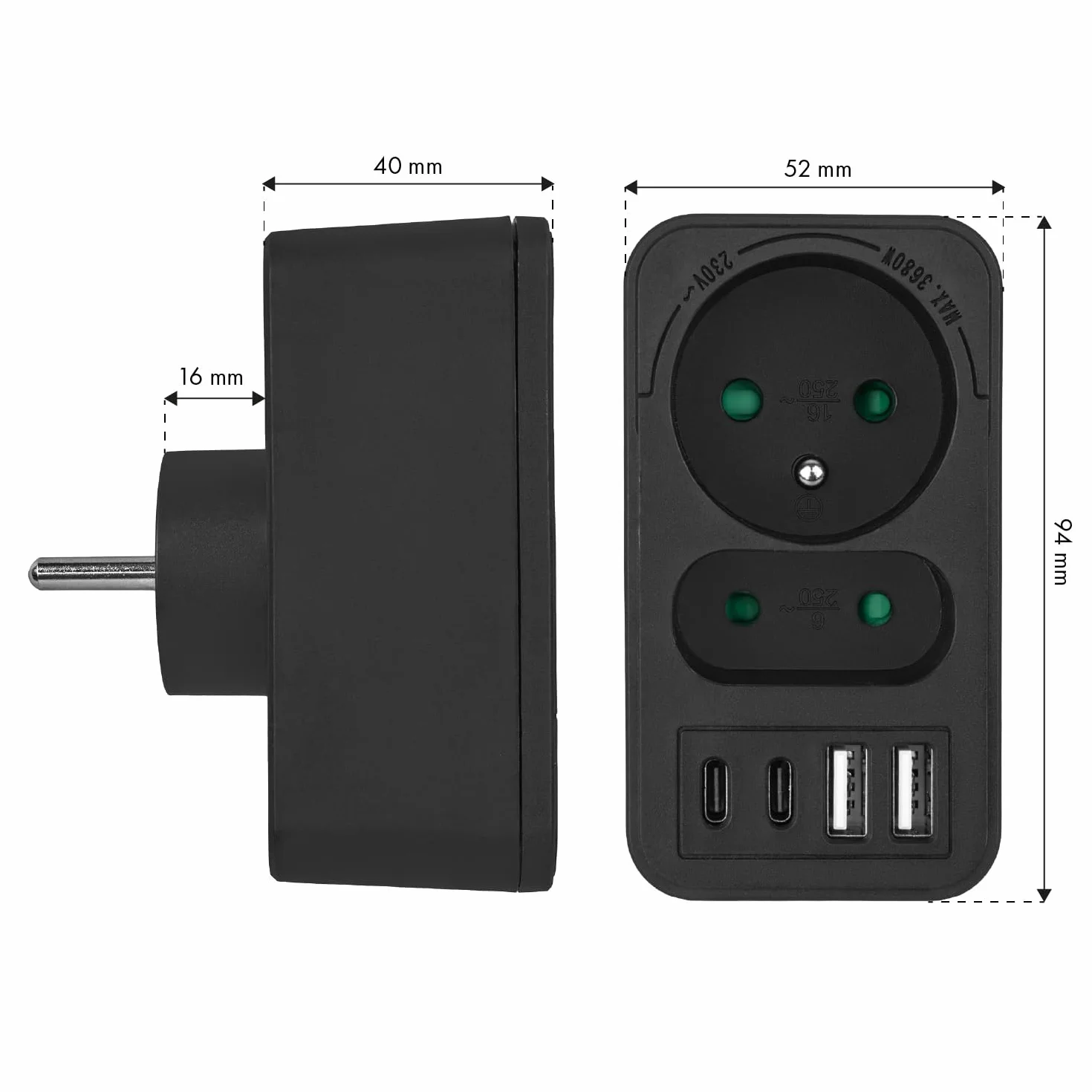 Rozdzielacz Maclean MCE249 2 gniazda sieciowe 2x USB A | szybkie ładowanie 2x USB C PD 20 W | maks. 3680 W | kompaktowe centrum zasilania (1, Czarny)