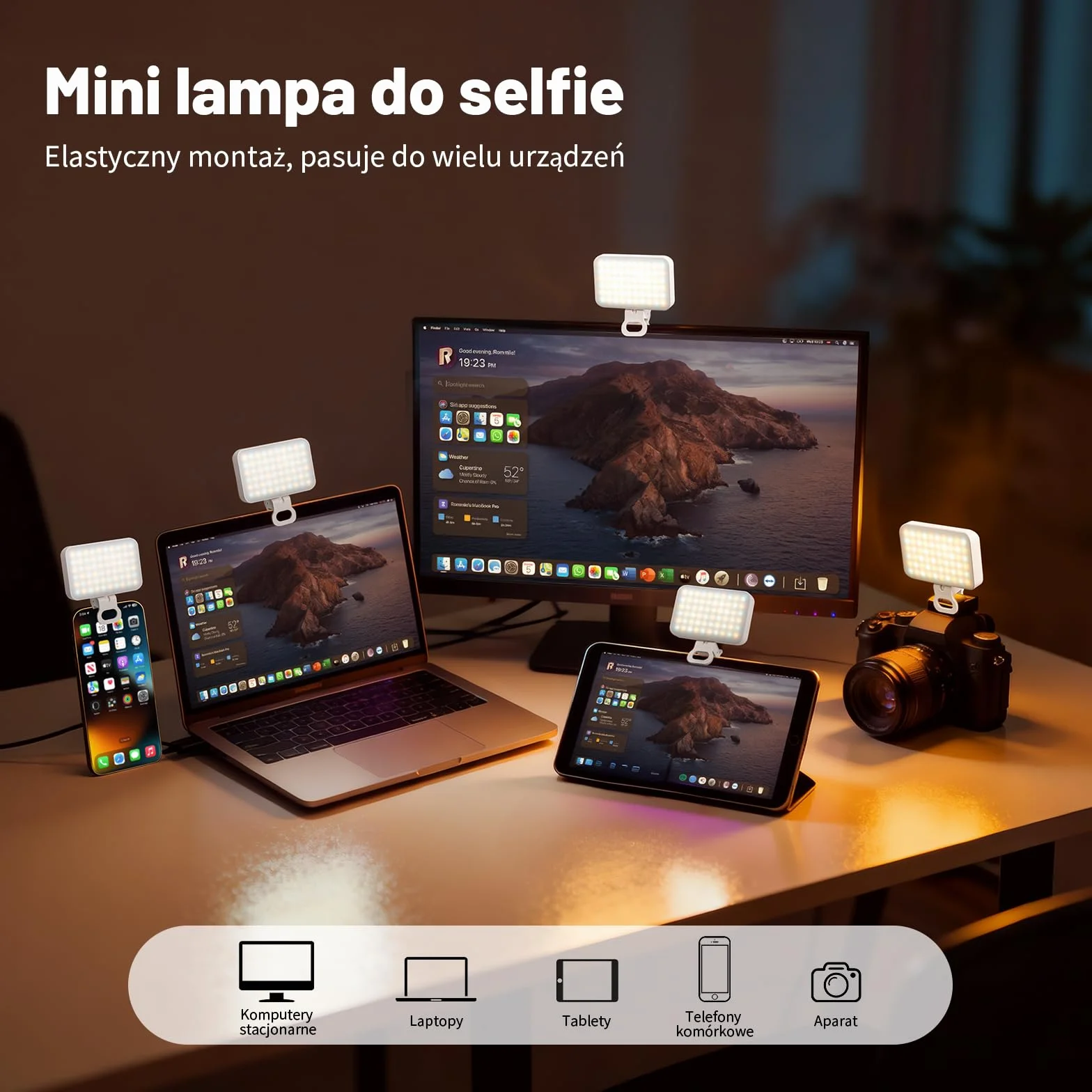 OUSFOT Lumiere Telefon z 3 trybami oświetlenia, 3000-6500K, 10 poziomów jasności do telefonu z baterią 2000 mAh z klipsem, do telefonu, aparatu, komputera