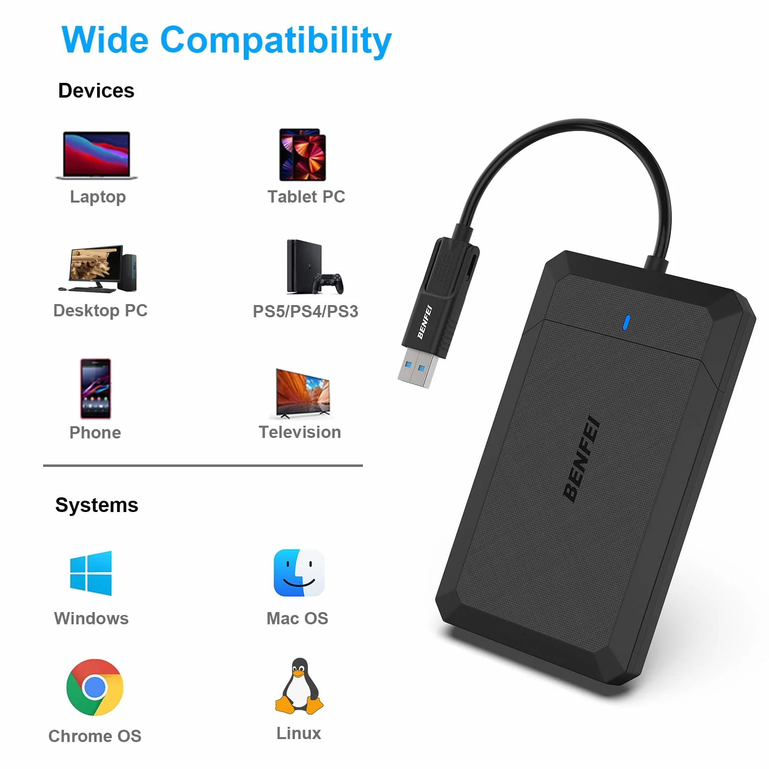 BENFEI 2,5-calowa obudowa SATA na USB Beznarzędziowa obudowa zewnętrznego dysku twardego, kompatybilna z USB C/A na Sata dla 2,5-calowych dysków SSD (zoptymalizowano dyski SSD, obsługuje UASP SATA III