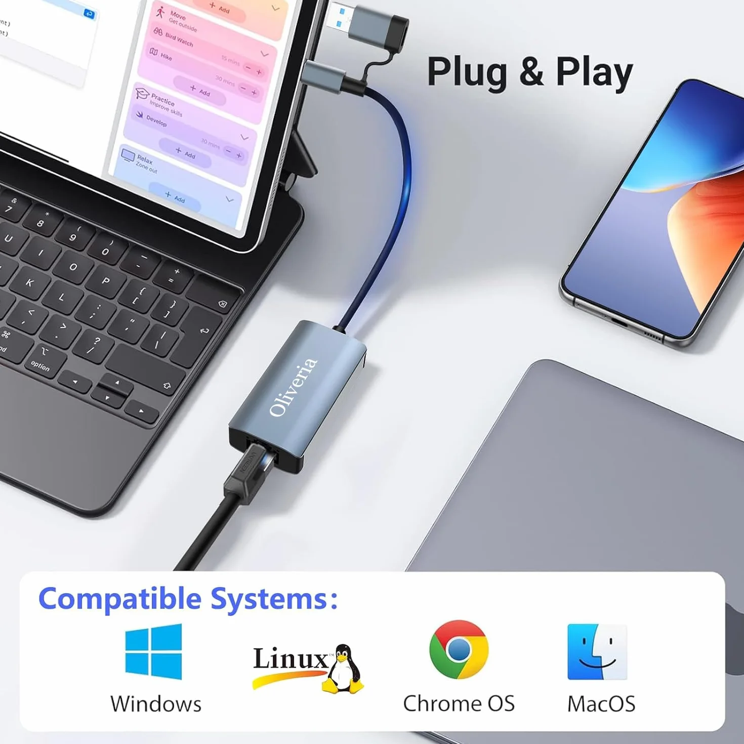 Adapter USB-C na Ethernet - USB 3.0 na RJ45 Gigabit Ethernet LAN 1000 Mbps adapter sieciowy do Windows/Mac/Linux