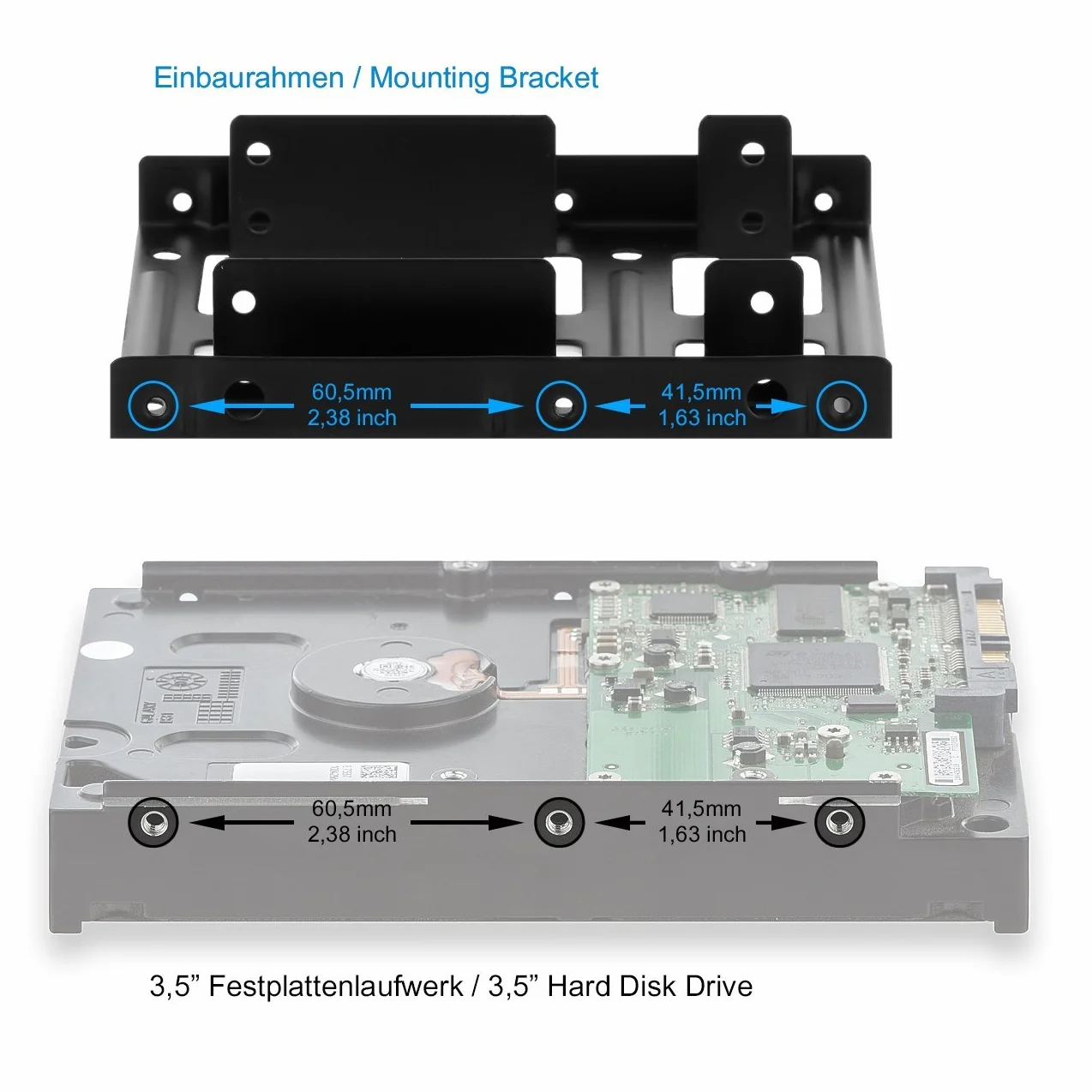 deleyCON Ramek Montażowych Set 2x 2,5" Dysków Twardych SSD do Adaptera 3,5" Zdejmowana Rama Wspornik Szyny Kabel SATA Zasilacz Śrubokręt