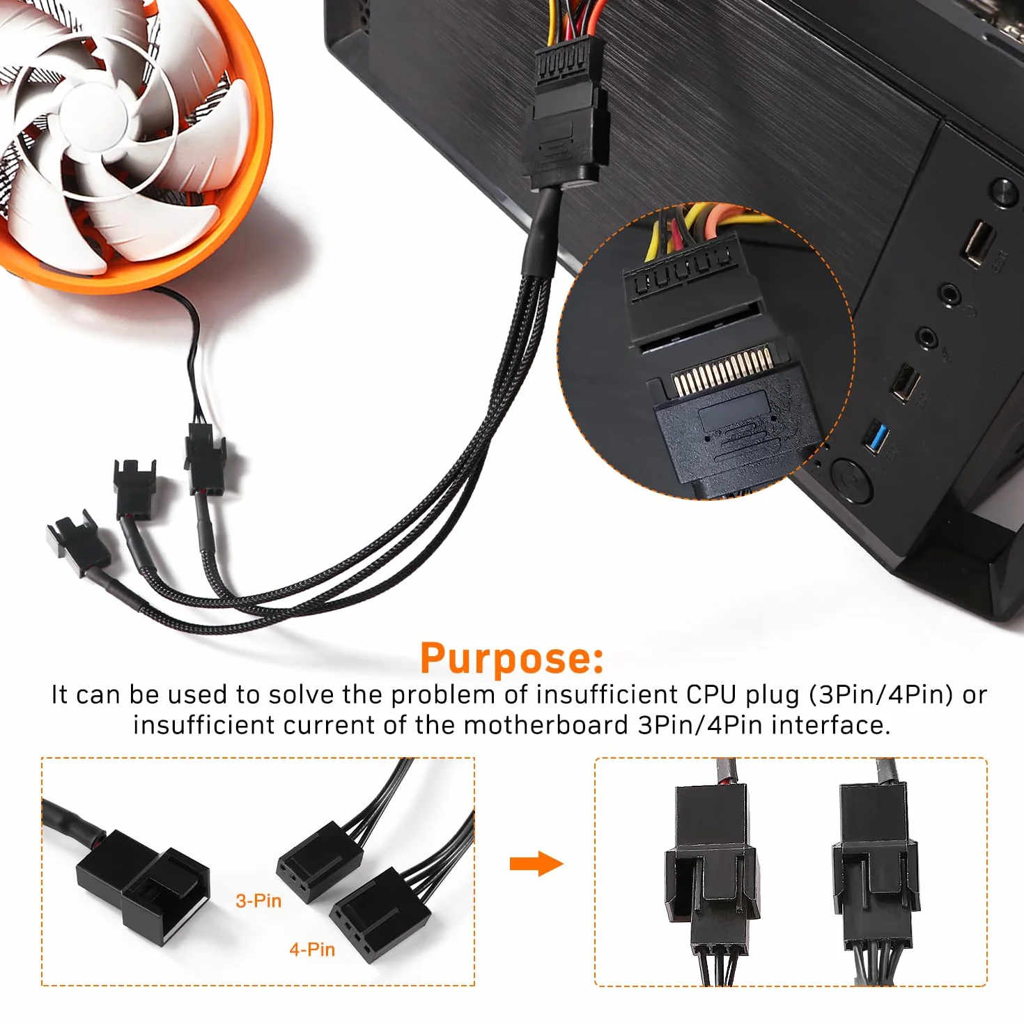 Adapter Rozgałęźnika SATA do Wentylatora Kabel Zasilający 15-pinowy SATA 3 x 3 Pin 4 Pin PWM 12 V