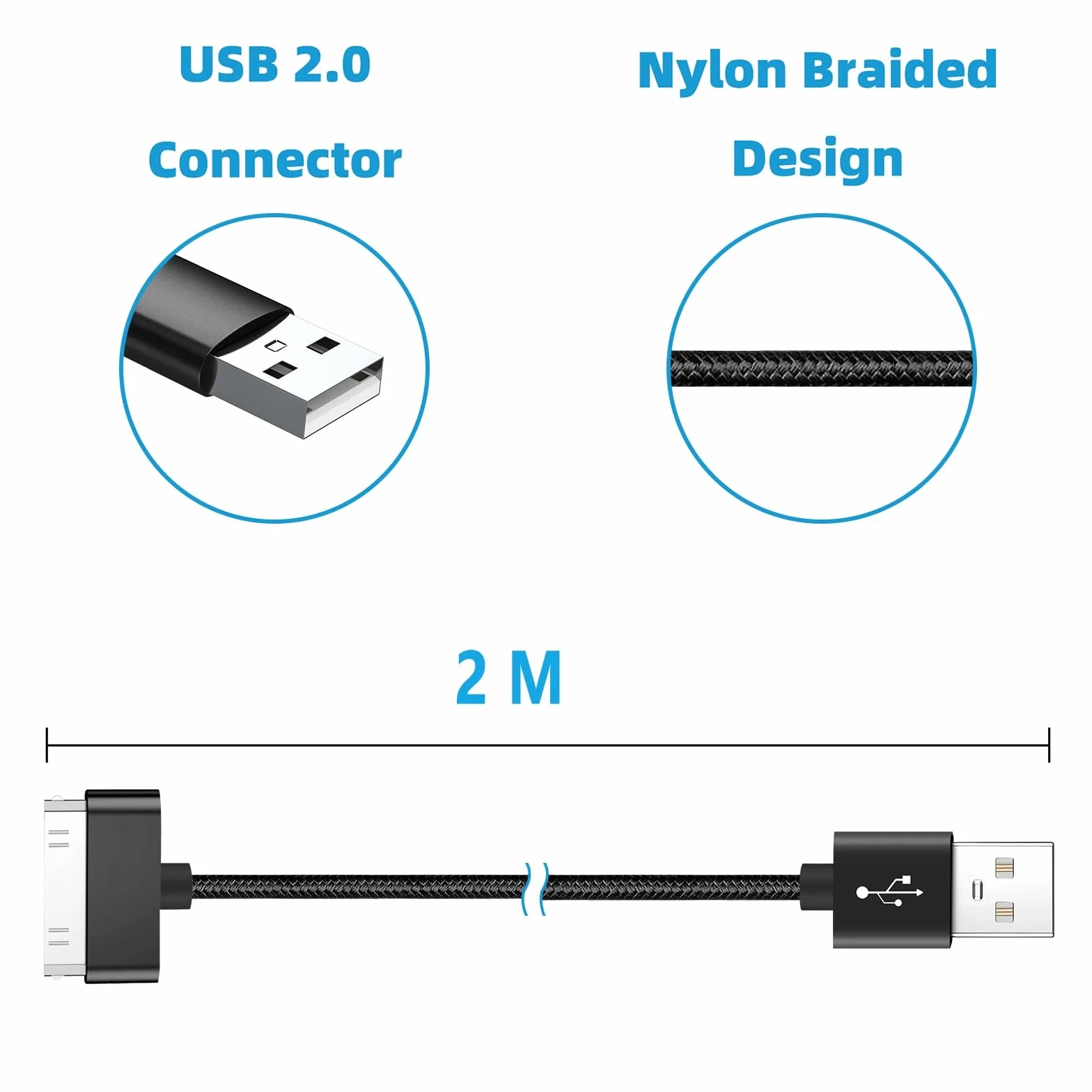 Kabel 30-pinowy o długości 200 cm, kompatybilny z iPhone 4s/4, iPhone 3G/3GS, iPad 1 2 3 i iPod, kabel USB do ładowania i synchronizacji, czarny