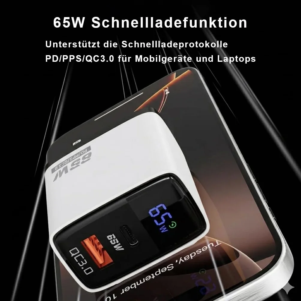 ładowarka USB C 65 W, 2-portowe ładowarki GaN z wyświetlaczem LED, PPS i PD do iPhone 17/16/15, MacBook, iPad, Samsung, telefonów komórkowych i laptopów
