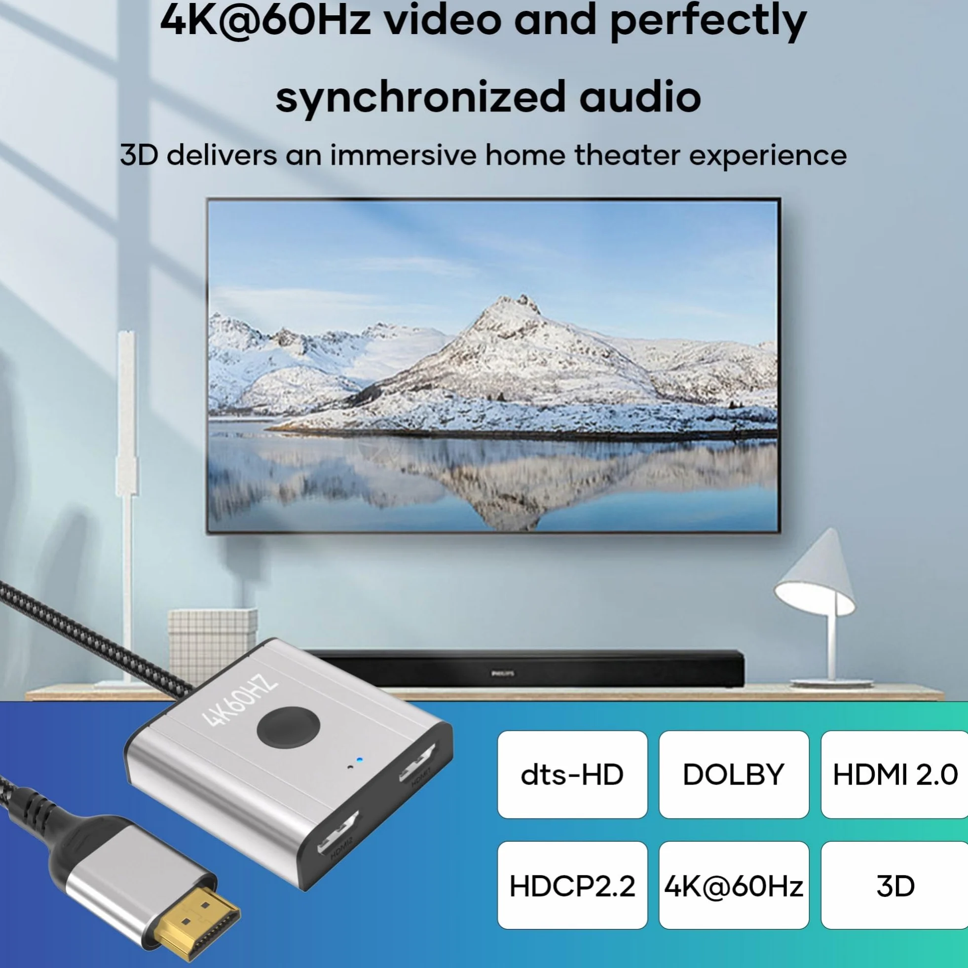 Przełącznik HDMI 2.0 4K@60Hz 2K@144Hz Rozdzielacz HDMI 2 wejścia 1 wyjście HDCP 2.2 UHD 3D
