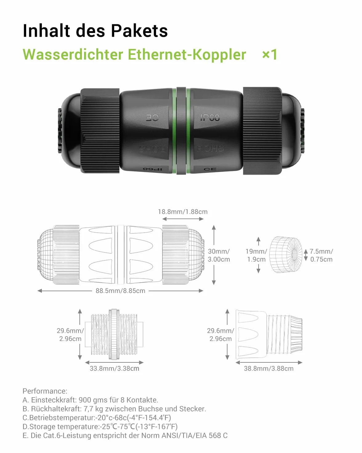Wodoszczelne złącze RJ45 Cat6 IP68 10 Gb/s pozłacane ekranowane do kabla sieciowego CAT6