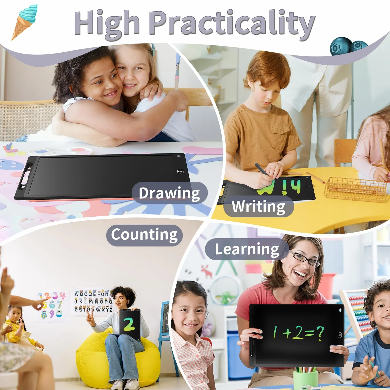 Genialba Tablet LCD do Pisania 12 Cali Kolorowy Tablet Elektroniczny Ekran do Rysowania Zabawka Edukacyjna Prezent dla 2 3 4 5 lat Chłopcy Dziewczęta Boże Narodzenie Urodziny (Czarny)