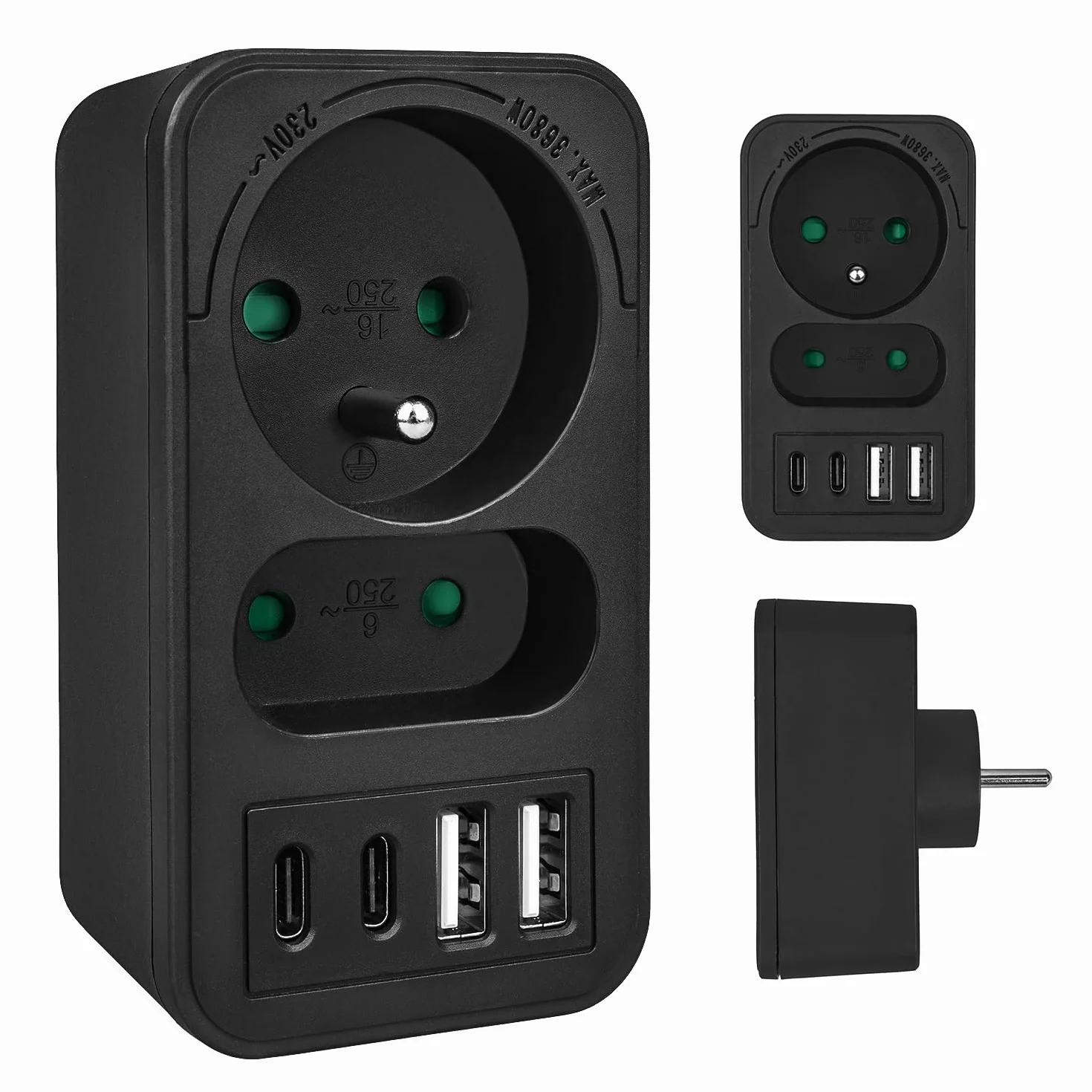 Rozdzielacz Maclean MCE249 2 gniazda sieciowe 2x USB A | szybkie ładowanie 2x USB C PD 20 W | maks. 3680 W | kompaktowe centrum zasilania (1, Czarny)