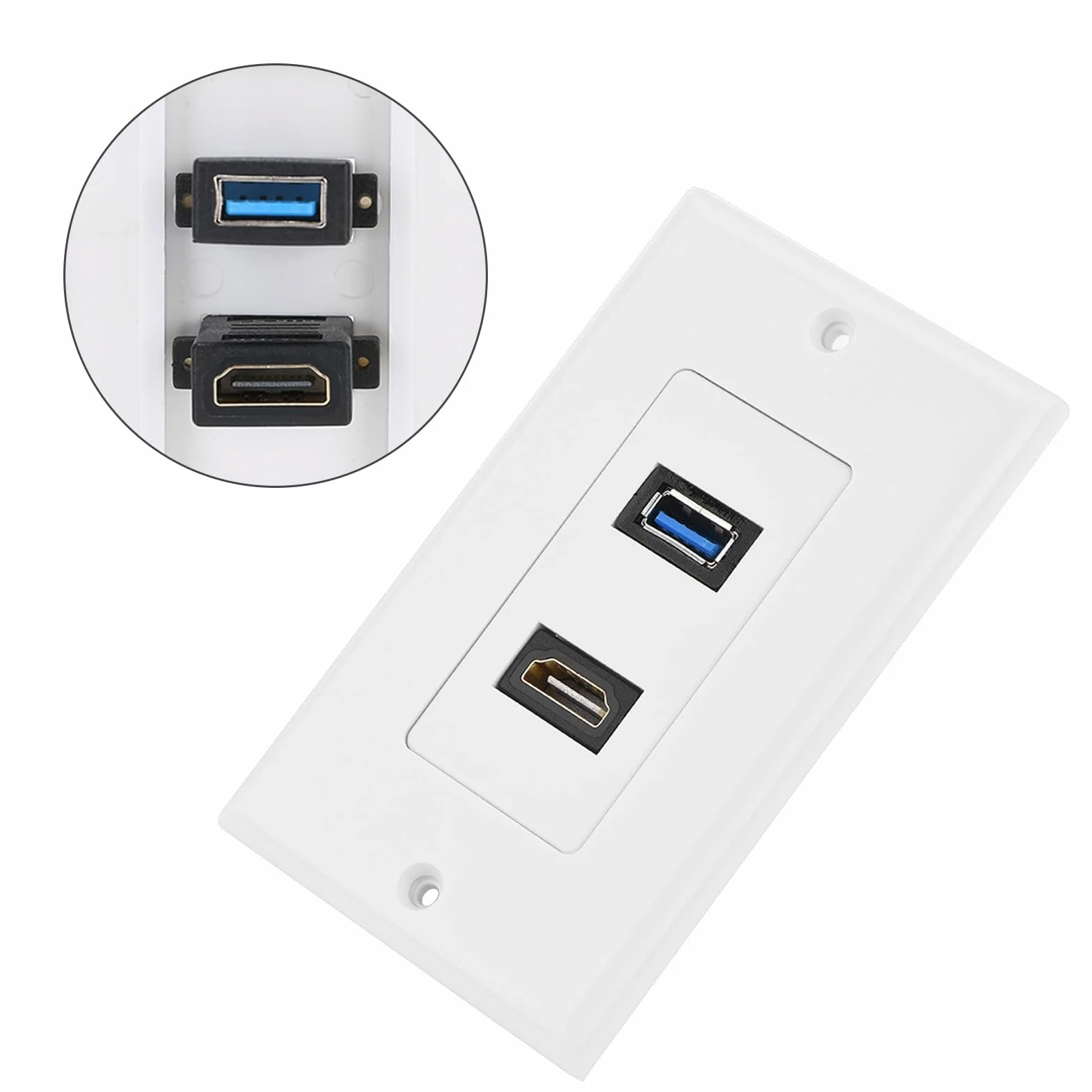 Haofy 2 porty HDMI, USB 3.0, gniazdo ścienne, płyta USB, ładowarka elektryczna, złącze kompozytowe audio, złącze wideo, złącze płyty ściennej, 2 w 1, wyjście, przedłużacz, biały