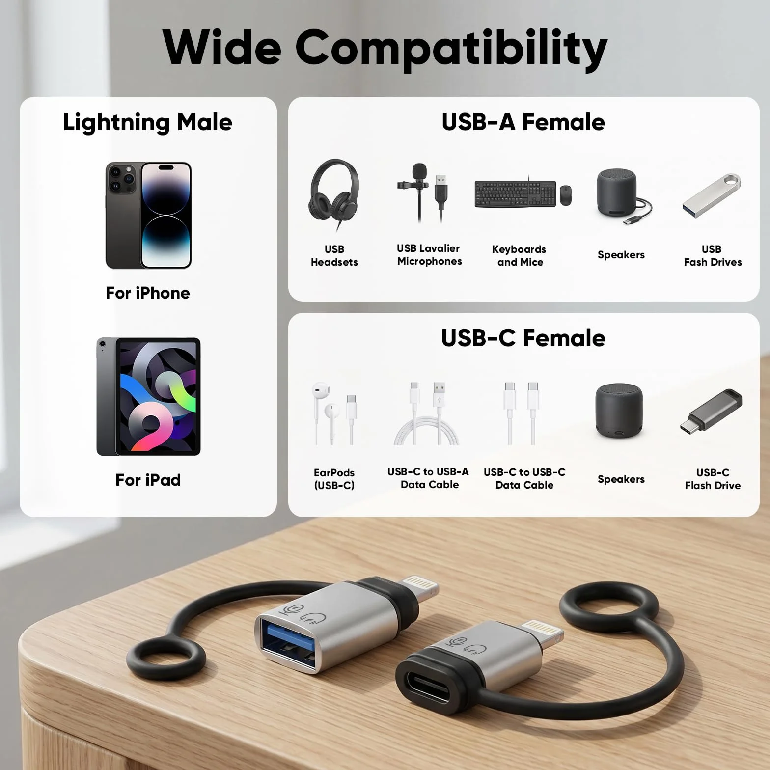 2-pak Lightning OTG adapter srebrny, Lightning na USB A/C żeński konwerter, kompatybilny z iPhone/iPad, obsługuje pamięć flash USB, klawiaturę, mysz, ładowanie i słuchawki, przenośny Plug and