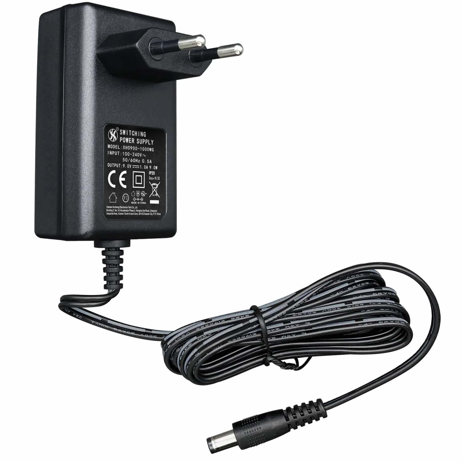 Zasilacz 9 V 1 A 9 W 1,8 m, adapter przełącznika AC DC (wejście 100-240 V, wyjście 9 V 1A), Gniazdo transformatora do montażu na ścianie DC 5,5 x 2,1 mm, znak CE