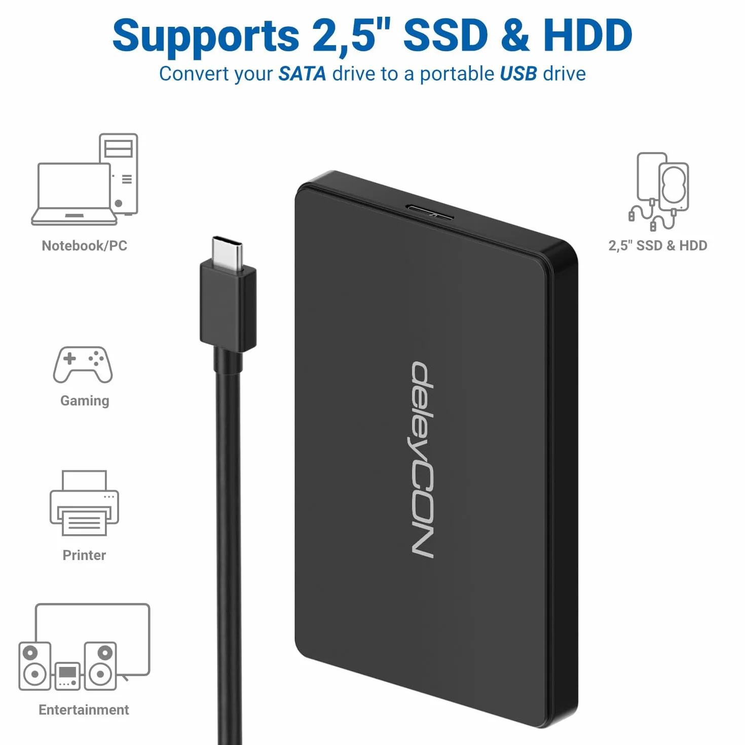 deleyCON Obudowa SSD USB C (5Gbps USB 3.1) do Dysków SATA 3 2,5" SSD / HDD / 7 mm do 9,5 mm SATA III Obudowa Zewnętrzna UASP [Czarna]
