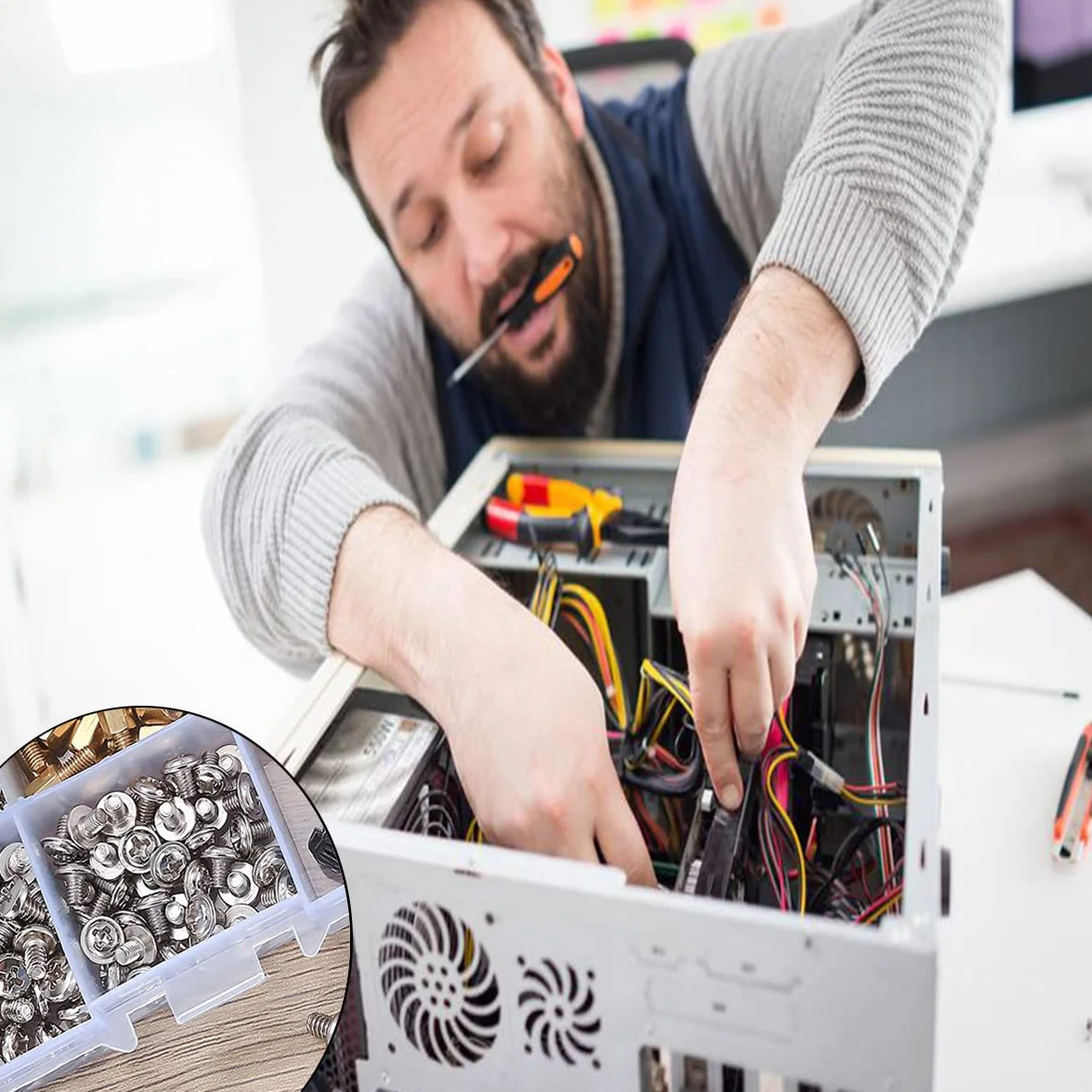Zestaw śrub komputerowych 362 sztuki ze śrubokrętem i szczotką do PC