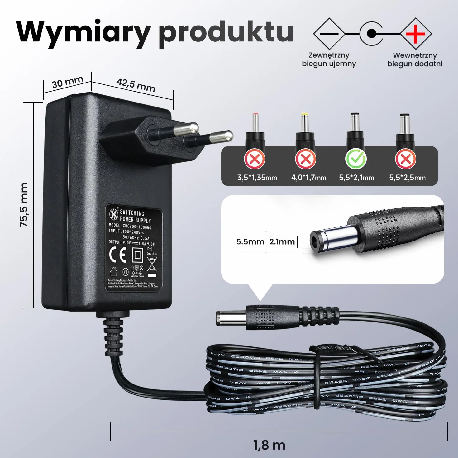 Zasilacz 9 V 1 A 9 W 1,8 m, adapter przełącznika AC DC (wejście 100-240 V, wyjście 9 V 1A), Gniazdo transformatora do montażu na ścianie DC 5,5 x 2,1 mm, znak CE