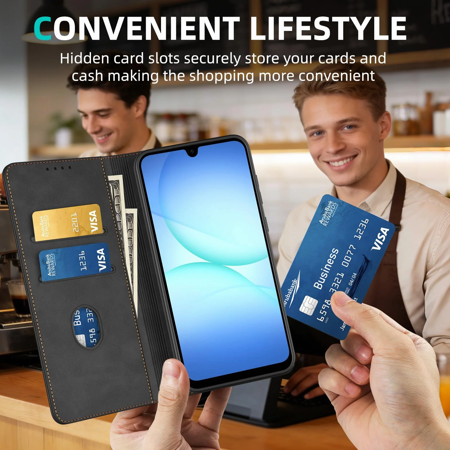 Phoona Etui do Samsung Galaxy A17 5G z 1 szkłem hartowanym, etui premium ze skóry PU, blokada RFID, odporność na wstrząsy, magnetyczne, otwory na karty, ze wspornikiem, czarne etui z klapką