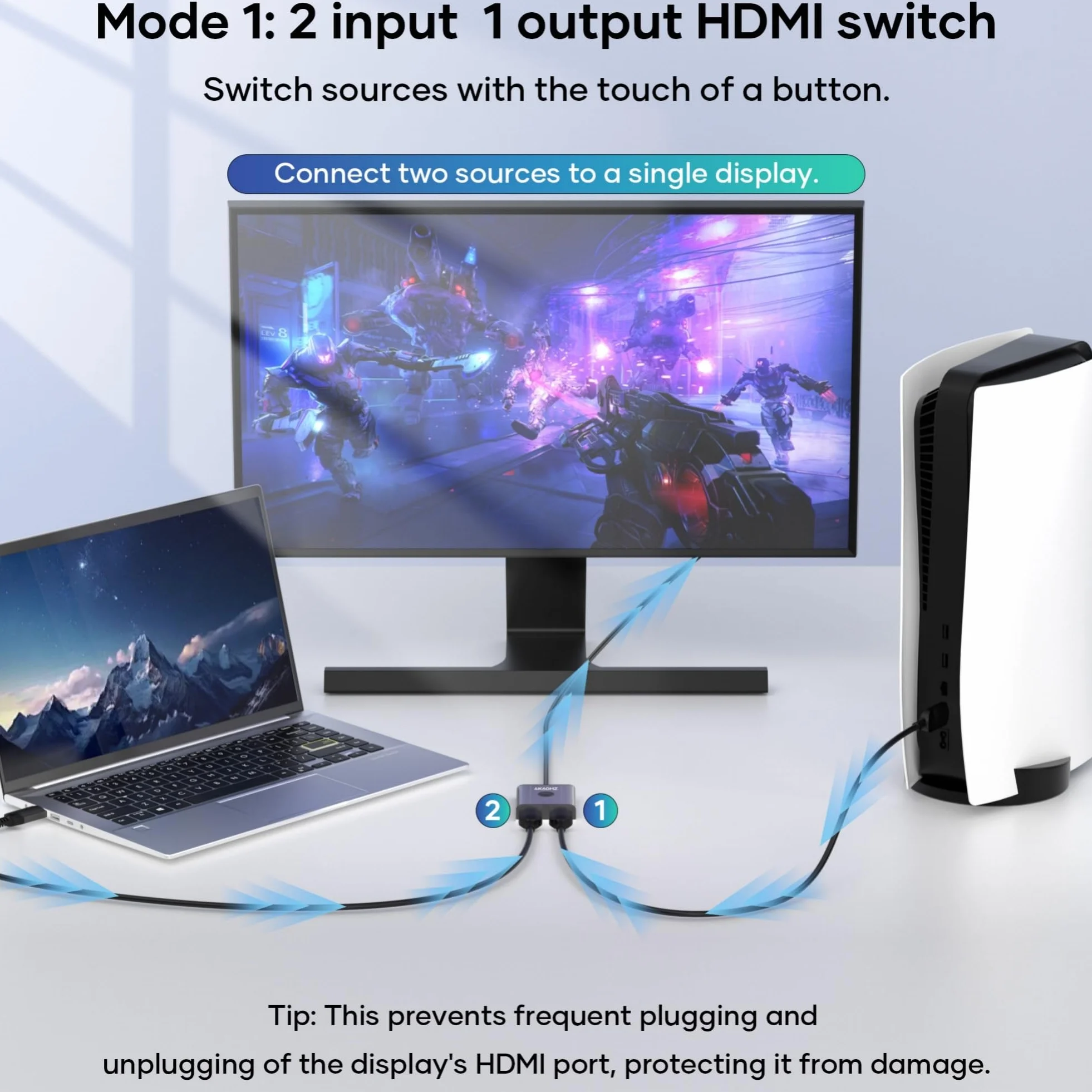 Przełącznik HDMI 2.0 4K@60Hz 2K@144Hz Rozdzielacz HDMI 2 wejścia 1 wyjście HDCP 2.2 UHD 3D