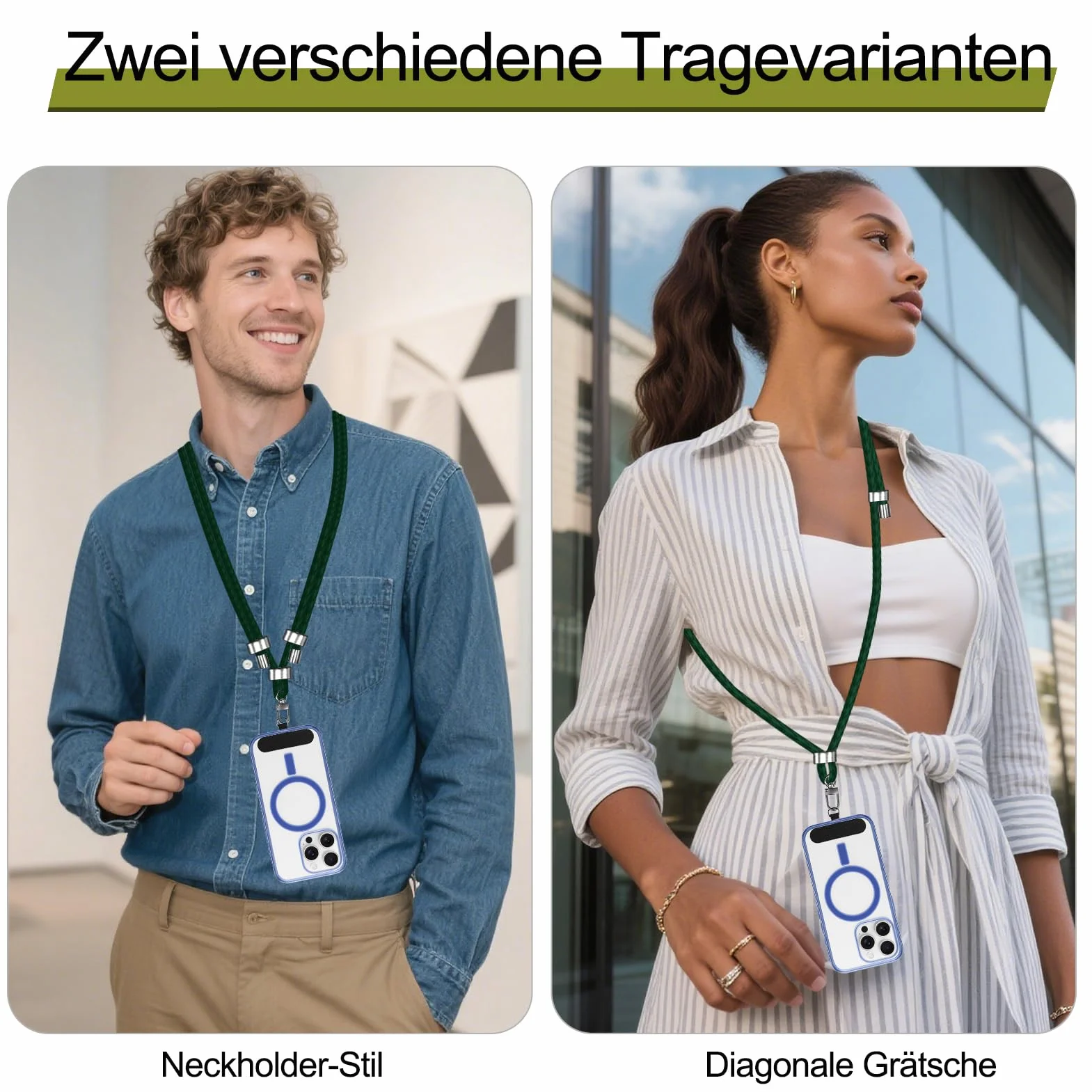 Uniwersalny Łańcuszek Telefonu Komórkowego, Regulowany Nylonowy Smycz Telefon Komórkowy, Telefonu Wszystkich Smartfonów z Etui Telefon Komórkowy Użytku na Zewnątrz, Podróży (Ciemnozielony)