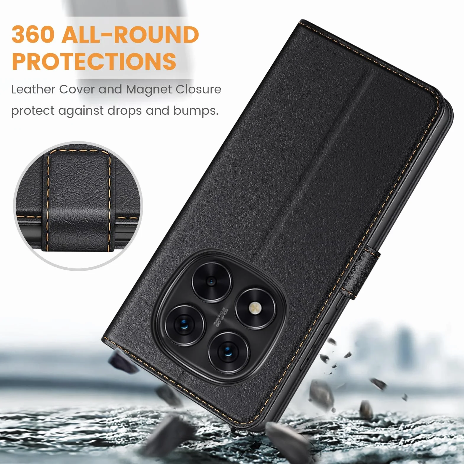 Ganbary Etui kompatybilne z Xiaomi Redmi Note 14 Pro 5G (nie dla 4G), wysokiej jakości etui z klapką ze skóry PU [pełna ochrona] [przegródki na karty] [podpórka], czarne