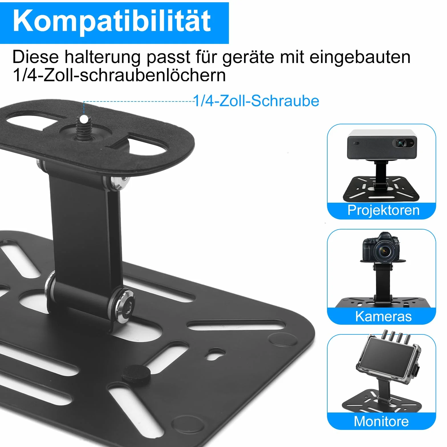 Uchwyt do projektora, stojaka, statywu, obracany o 360°, stojak do projektora na ścianie, do projektora ze złączem śrubowym 1/4", czarny