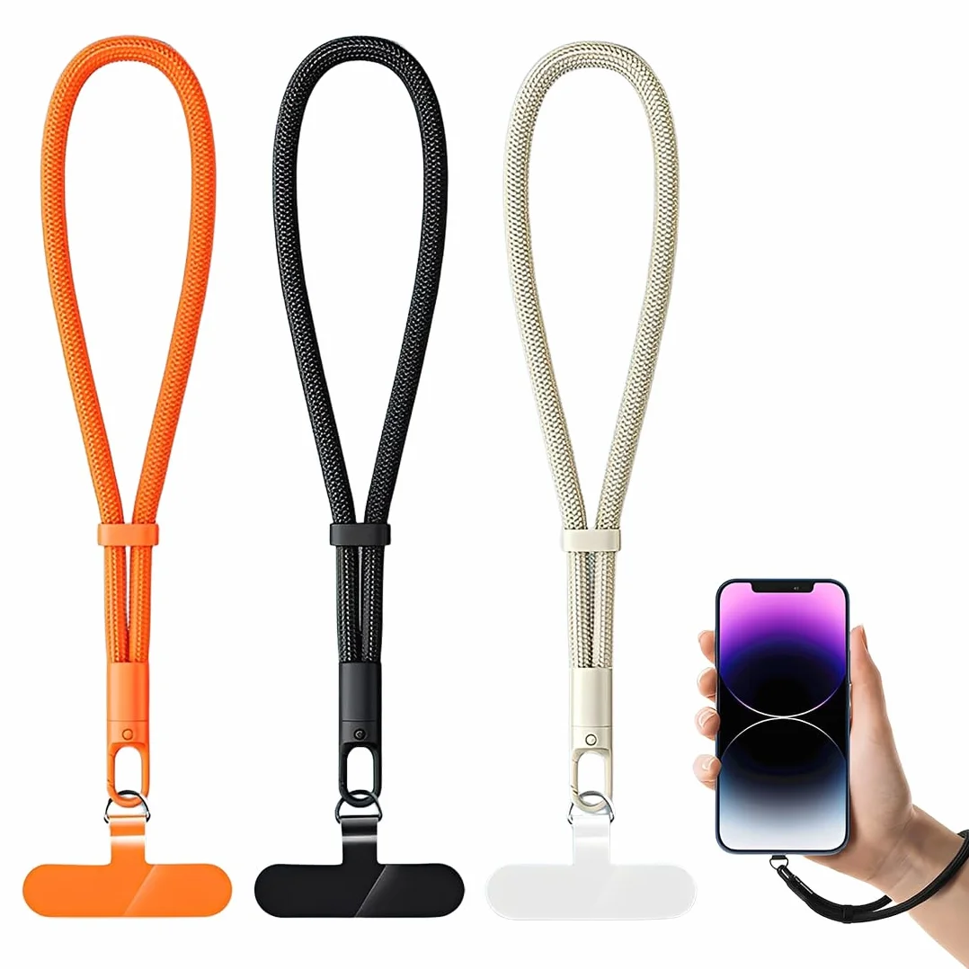 3 sztuki Smycz do telefonu komórkowego, uniwersalna regulowana smycz, krótki smycz, antykradzieżowa smycz, obrót o 360°, nieścieralne, łańcuszki do etui i nadgarstka do telefonu (czarny, biały