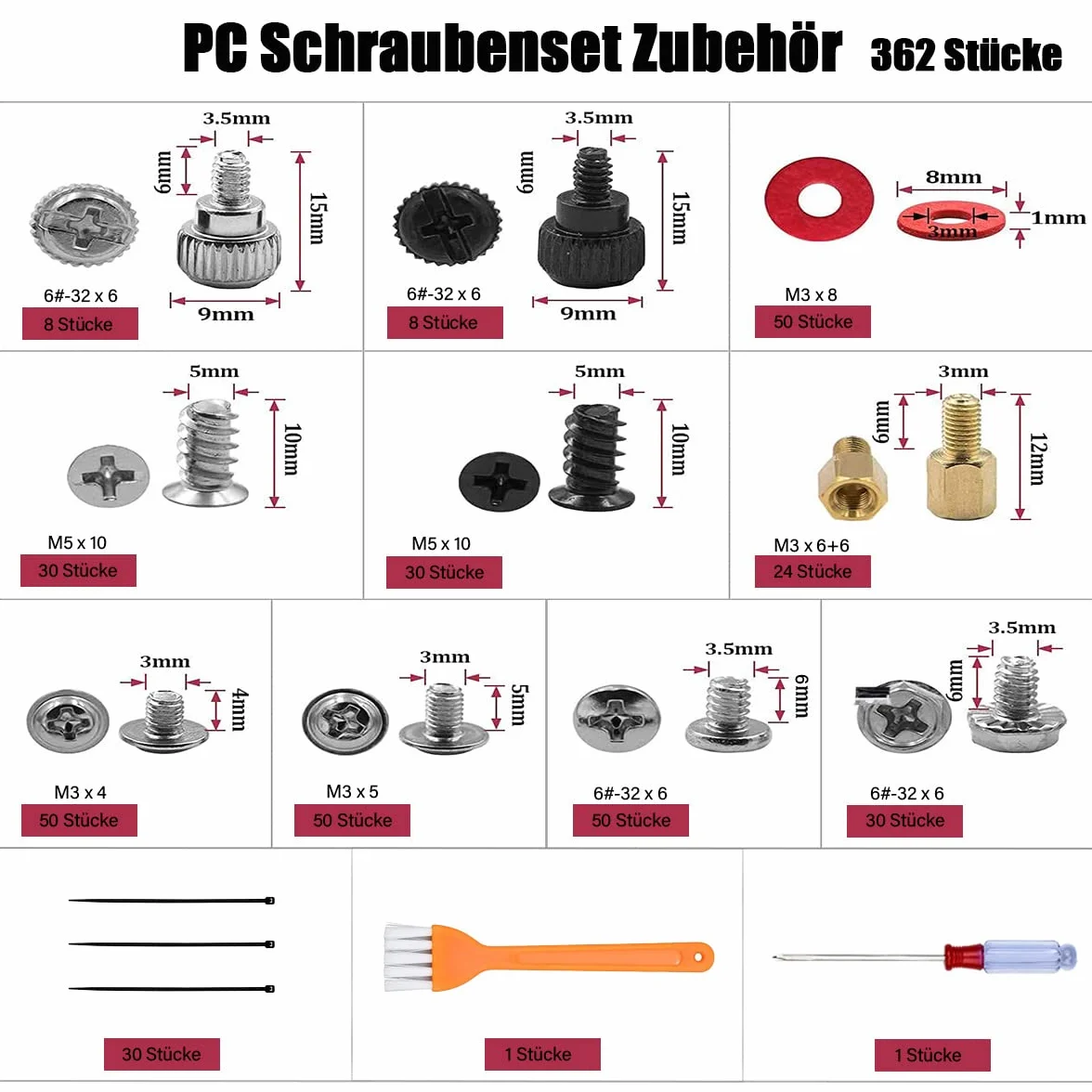 Zestaw śrub komputerowych 362 sztuki ze śrubokrętem i szczotką do PC