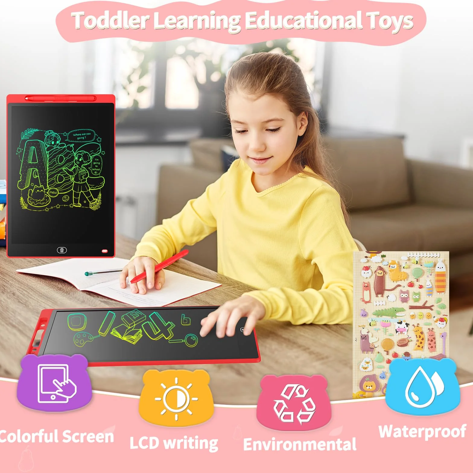 Genialba Tablet LCD do Pisania 12 Cali Kolorowy Tablet Elektroniczny Ekran do Rysowania Zabawka Edukacyjna Prezent dla 2 3 4 5 lat Chłopcy Dziewczęta Boże Narodzenie Urodziny (Czerwony)