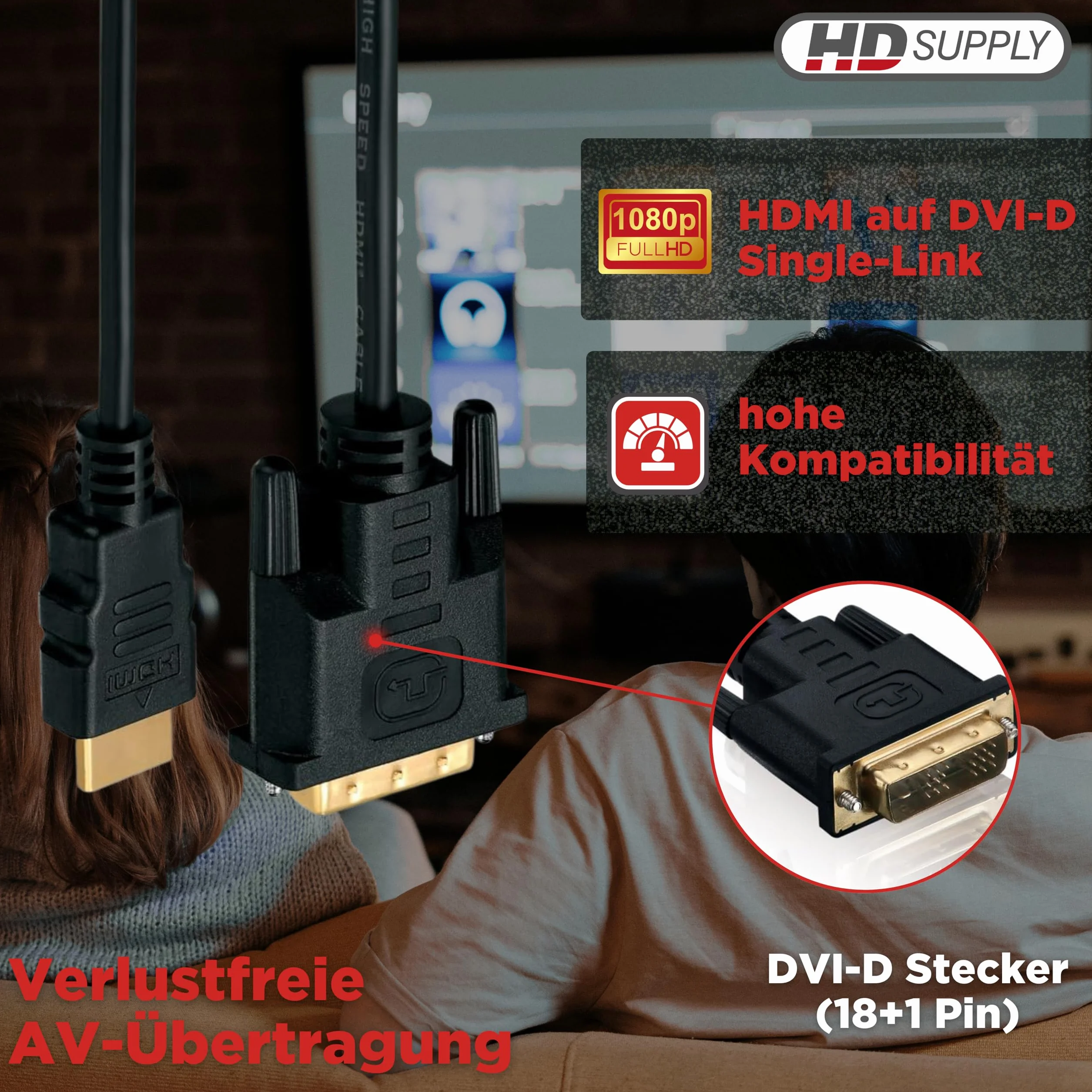 HDSupply Kabel HDMI o wysokiej prędkości z Ethernetem, HDMI A męski na DVI 18+1, podwójnie ekranowane, pozłacane styki