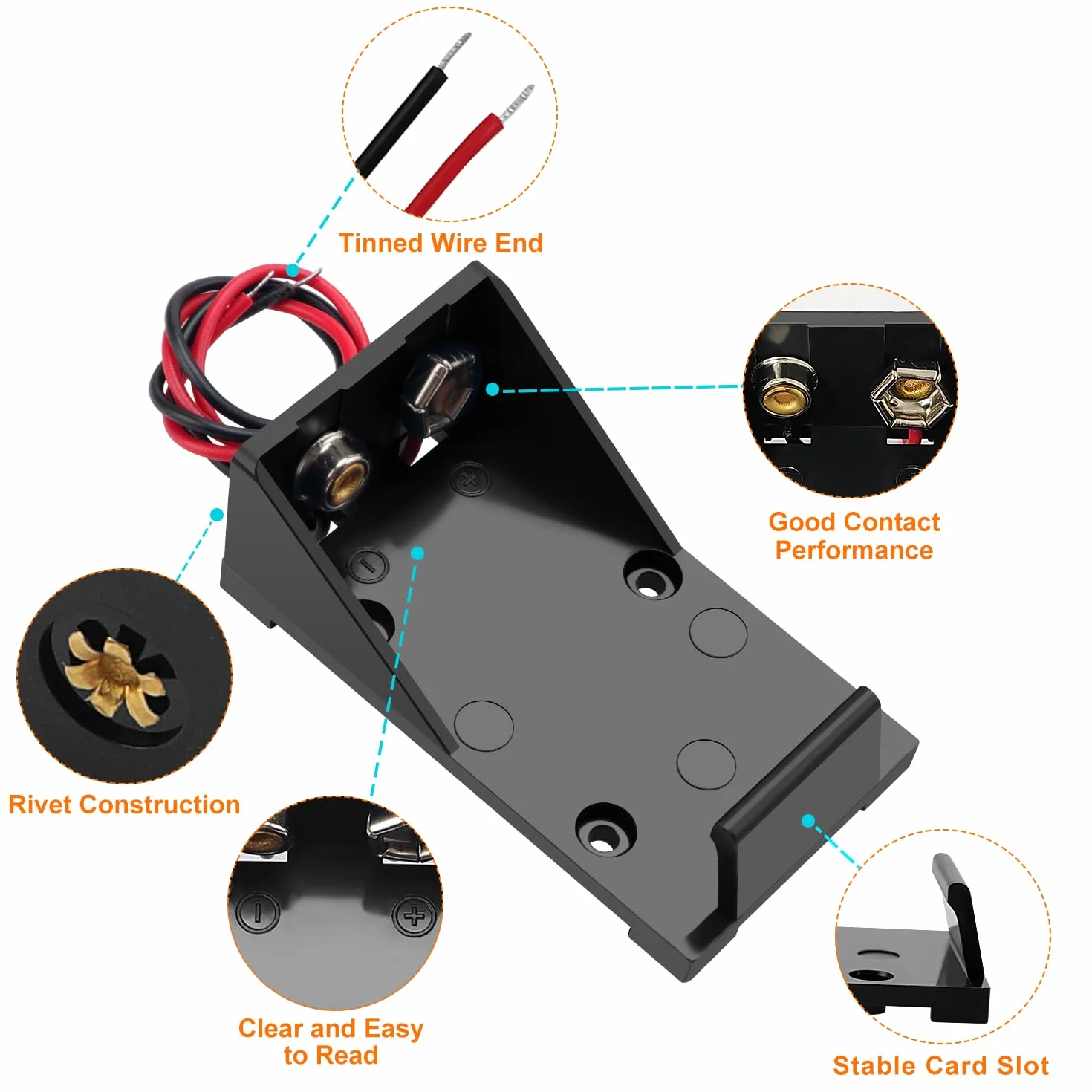 6 Sztuk 9V Battery Holder, KUOQIY Plastikowy Pojemnik na Baterie 9V z Przewodem, Pojemnik na Baterie 9V do CCTV, Silnika, Solenoidu, Taśmy LED, ze Śrubą i Śrubokrętem