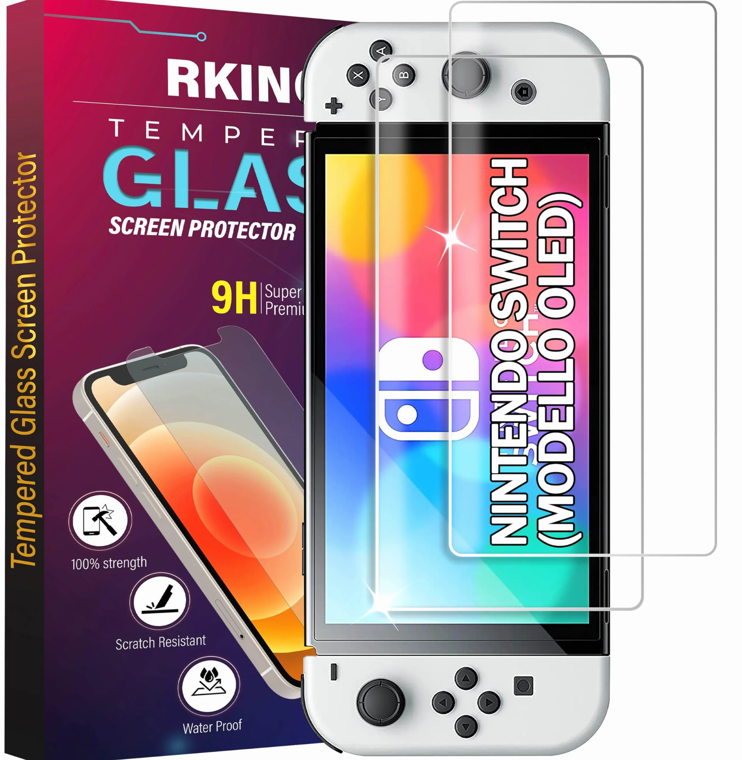 RKINC 2 sztuki, szkło pancerne, szkło ochronne do Nintendo Switch (modello OLED), pancerna folia ochronna na wyświetlacz HD, 0,33 mm, odporna na zarysowania, nie odpryskuje, bez pęcherzyków powietrza,