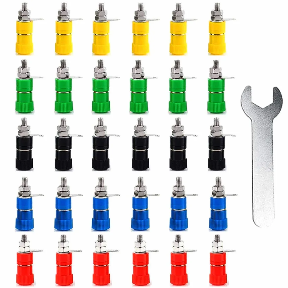 30 szt. 4 mm gniazdo bananowy, zacisk zaciskowy do wiązania, złącze wtykowe i żeńskie typu bananowy (czerwony, żółty, niebieski, zielony, czarny)
