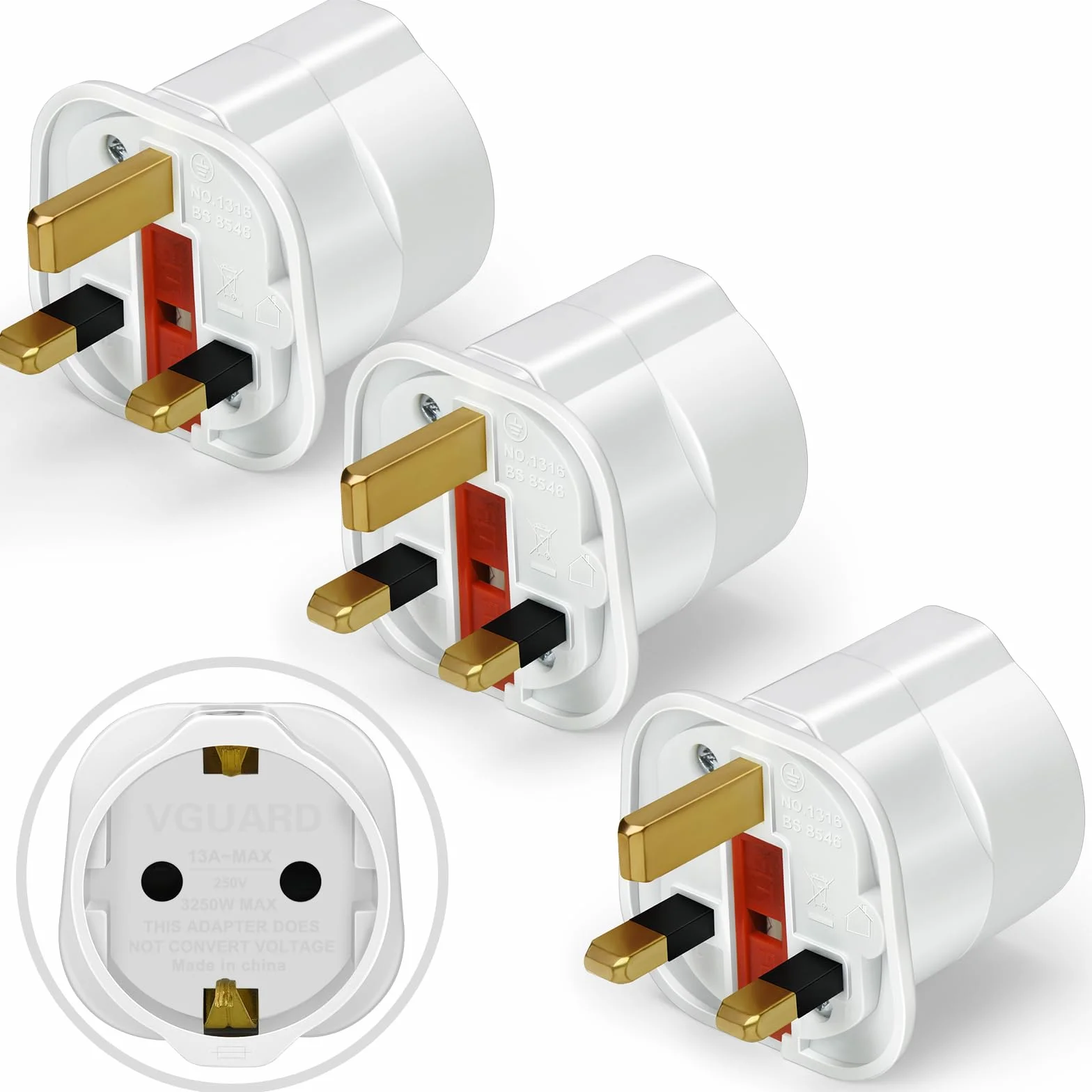 VGUARD UK Adapter podróżny, 3 sztuki w zestawie, wtyczka angielska, niemiecka, zasilacz podróżny, wtyczka Schuko EU do gniazda brytyjskiego, biały