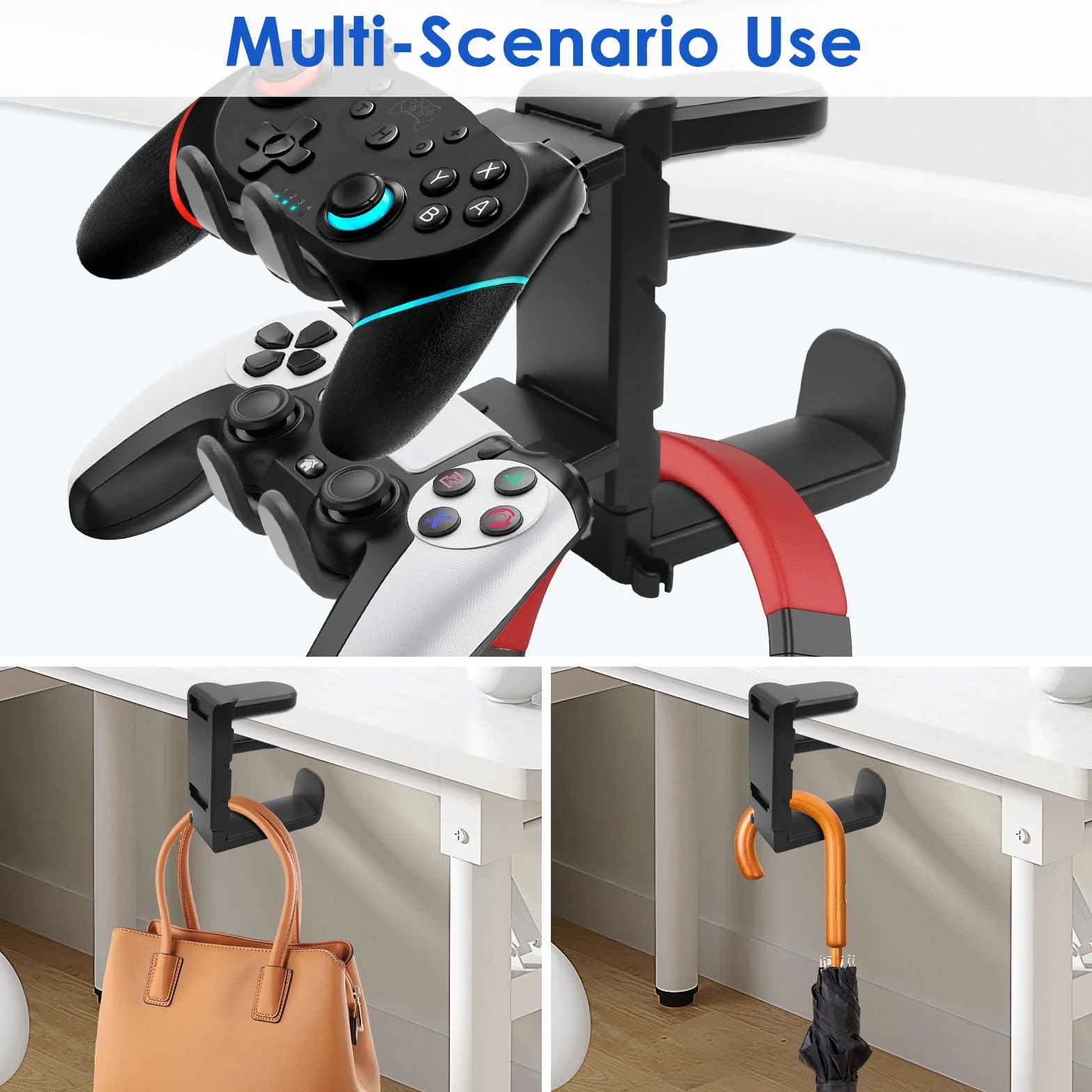 Uchwyt na słuchawki i kontroler 2 w 1 – uchwyt na słuchawki pod stolik z zaciskiem, obracany o 360°, z klipsem na kabel, podwójna półka na PS5 / Xbox / Switch/PC Gaming, antypoślizgowy, czarny