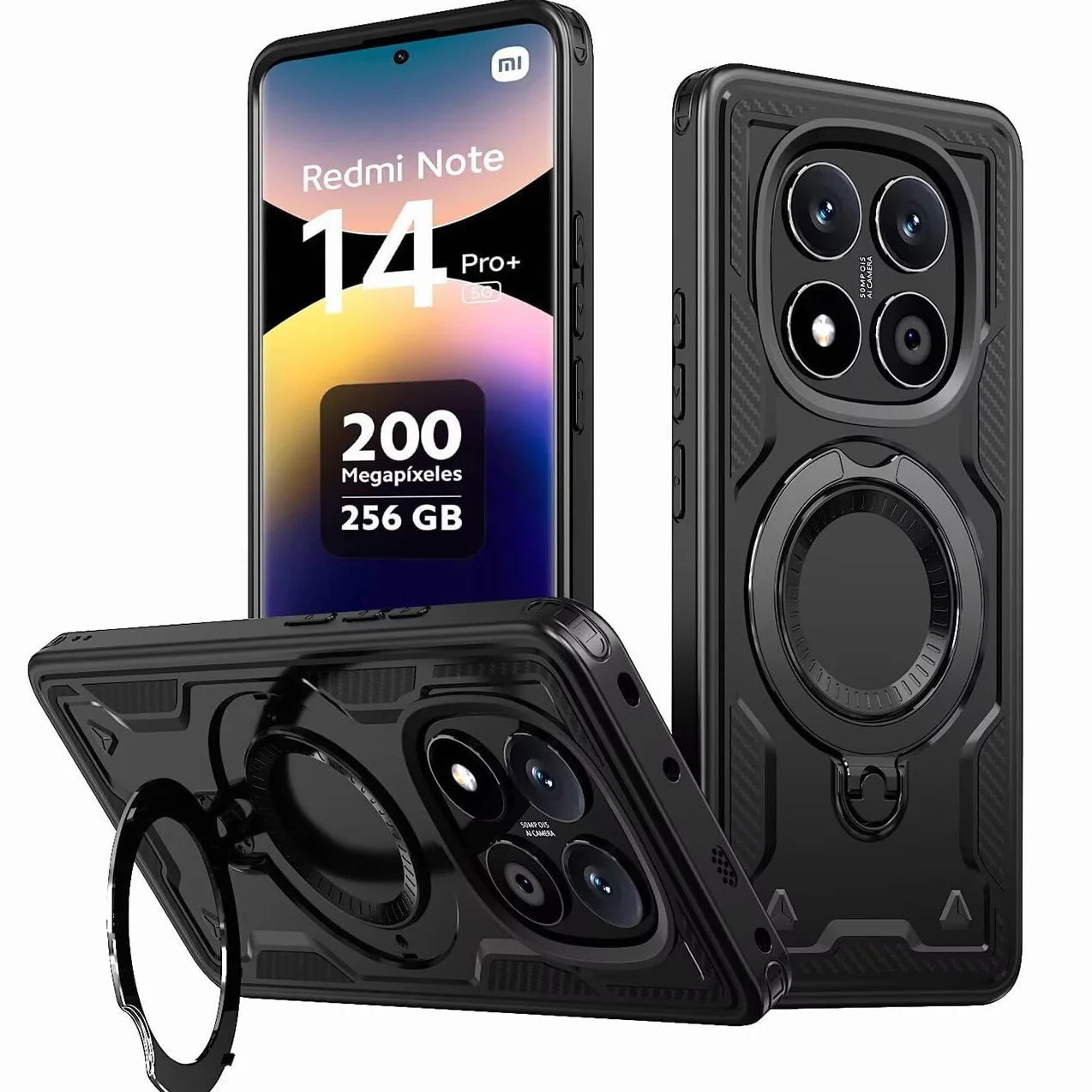 Etui do Xiaomi Redmi Note 14 Pro Plus 5G / Note 14 Pro+ 5G i szkło hartowane*2, wytrzymałe etui z podstawkami i uchwytem na pierścień - czarne
