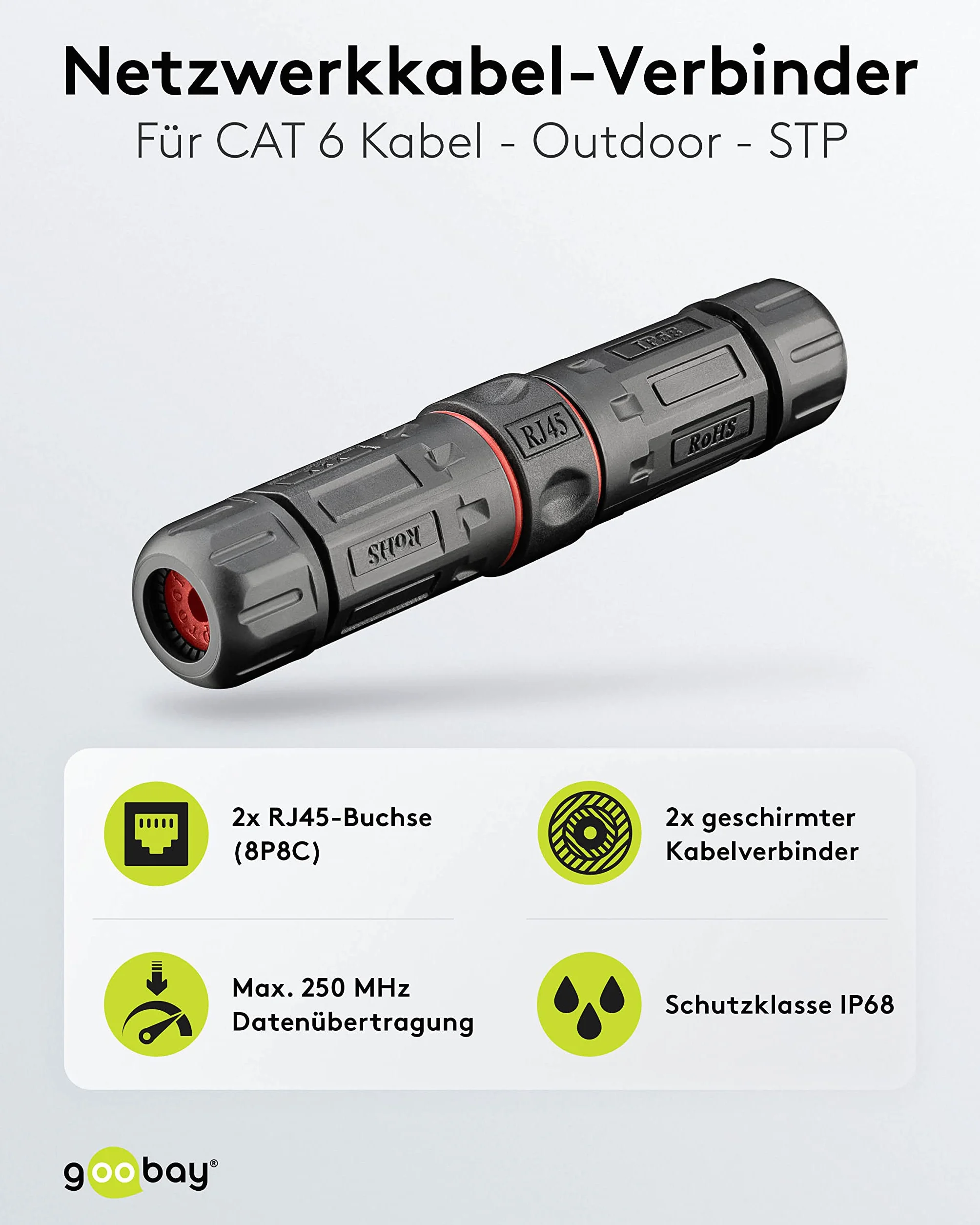 goobay 79566 Outdoor (IP68) Lan złącze kabla sieciowego, ekranowane CAT 6 STP - pyłoszczelne i wodoodporne, montaż LSA (bez narzędzi), szerokość pasma 250 MHz