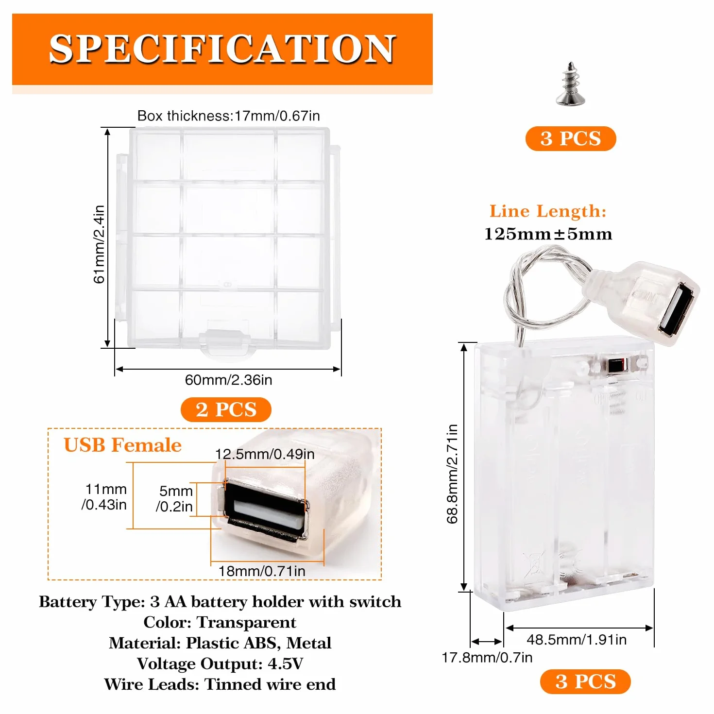 Uchwyty na Baterie AA 3x1.5V USB Żeński z Włącznikiem/Wyłącznikiem Przezroczysty