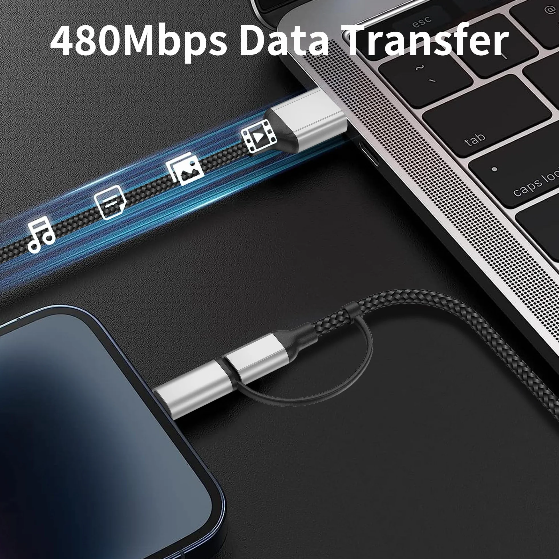 Kabel USB C 1,5 m, 2 w 1, kabel do szybkiego ładowania, USB A na USB typu C i kabel Lightning do ładowania iPhone'a, Samsung, Huawei, Xiaomi, OnePlus, Google, czarno-szary